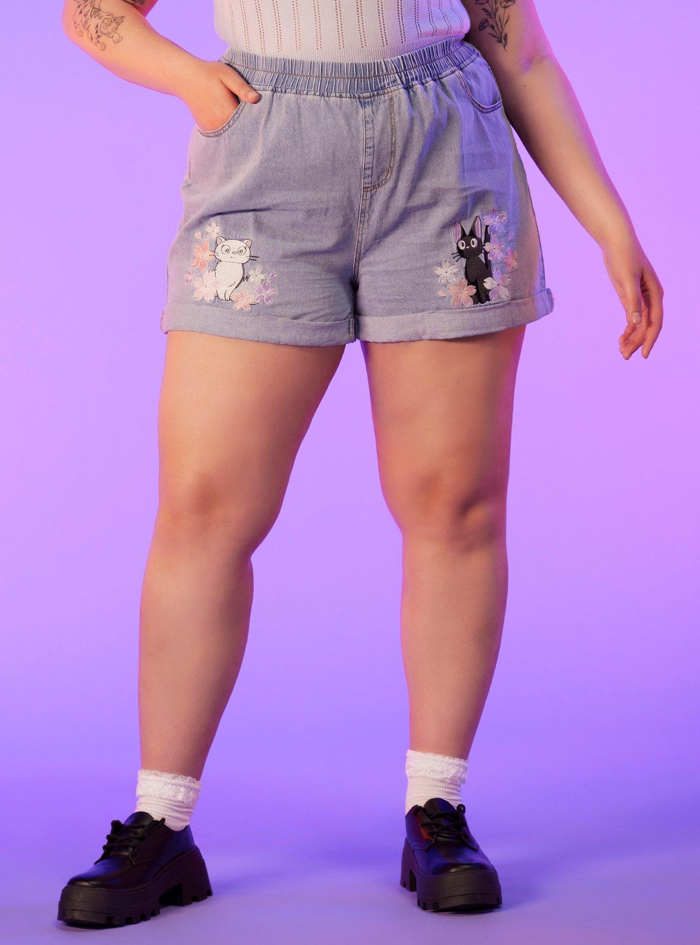 Studio Ghibli Kiki's Delivery Service Jiji & Lily Elastic High-Waisted Denim Shorts Plus Size, MULTI, hi-res