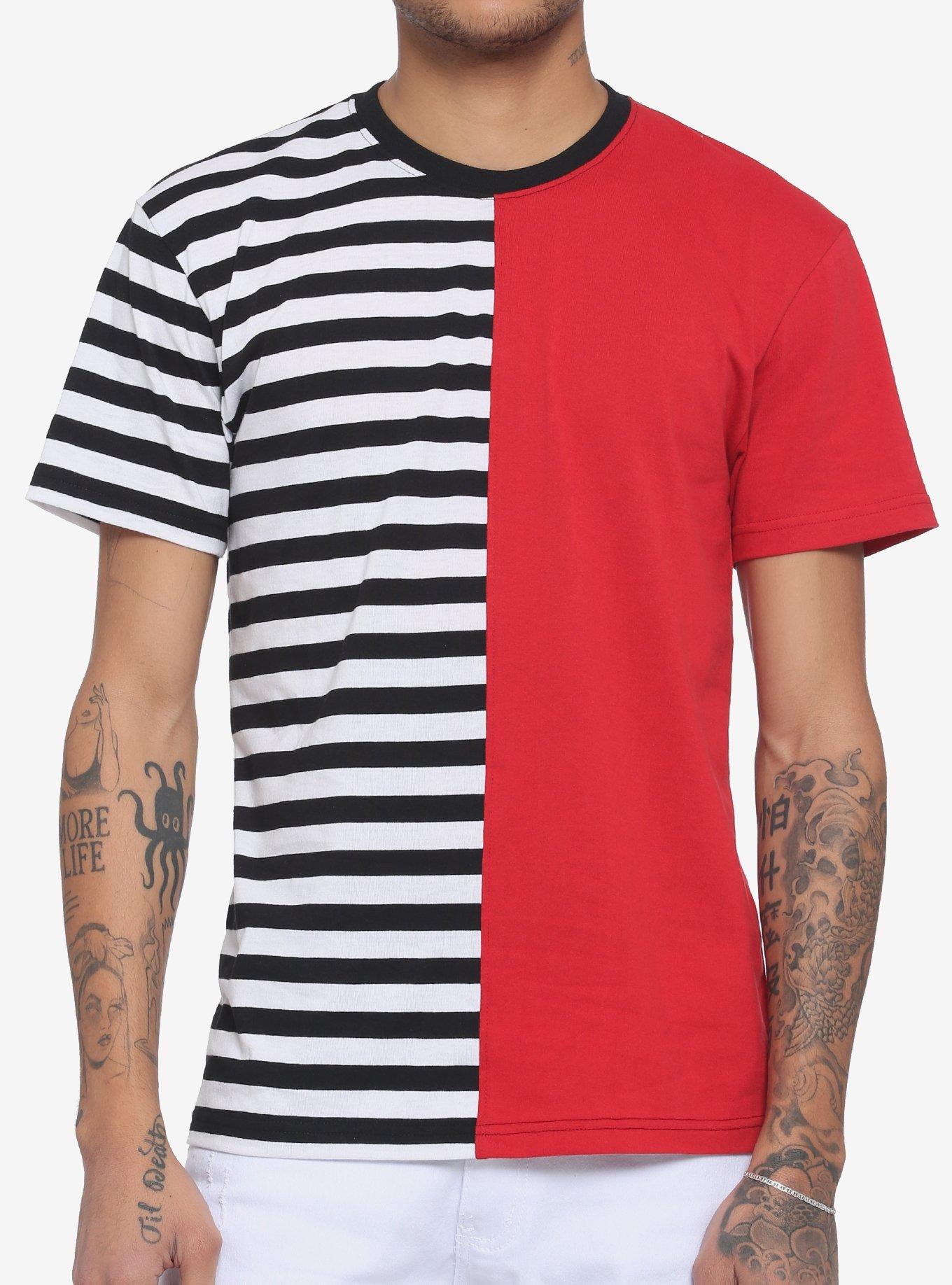 Black & White Stripe & Red Split T-Shirt, BLACK  RED, hi-res