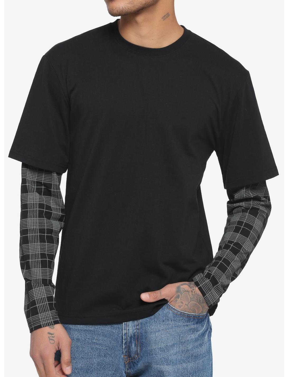 Black & Grey Plaid Sleeve Twofer Long-Sleeve T-Shirt, BLACK, hi-res