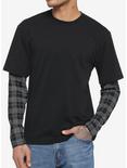 Black & Grey Plaid Sleeve Twofer Long-Sleeve T-Shirt, BLACK, hi-res