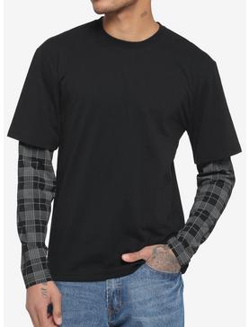 Black & Grey Plaid Sleeve Twofer Long-Sleeve T-Shirt, , hi-res