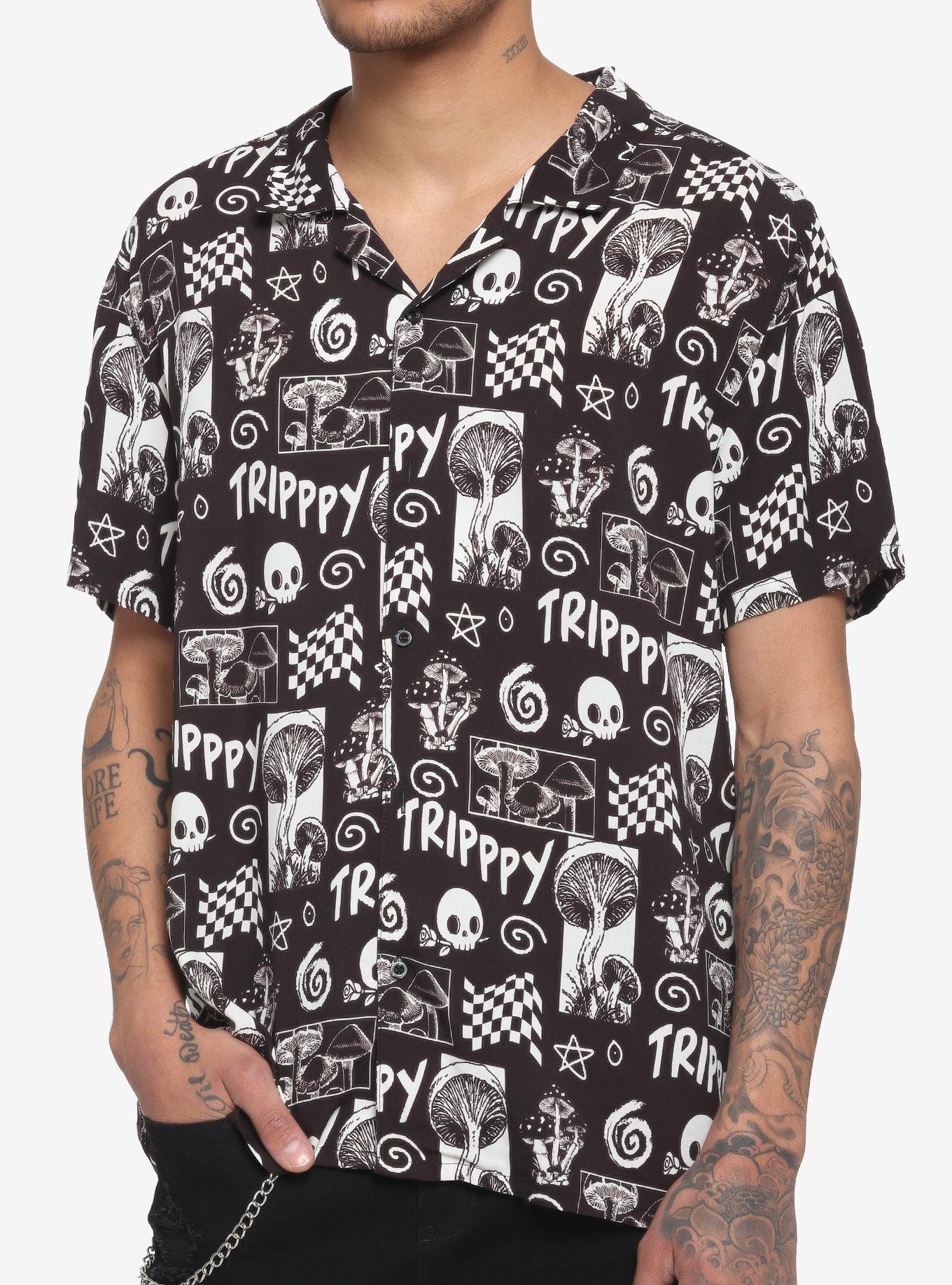 Trippy Mushroom Skull Woven Button-Up