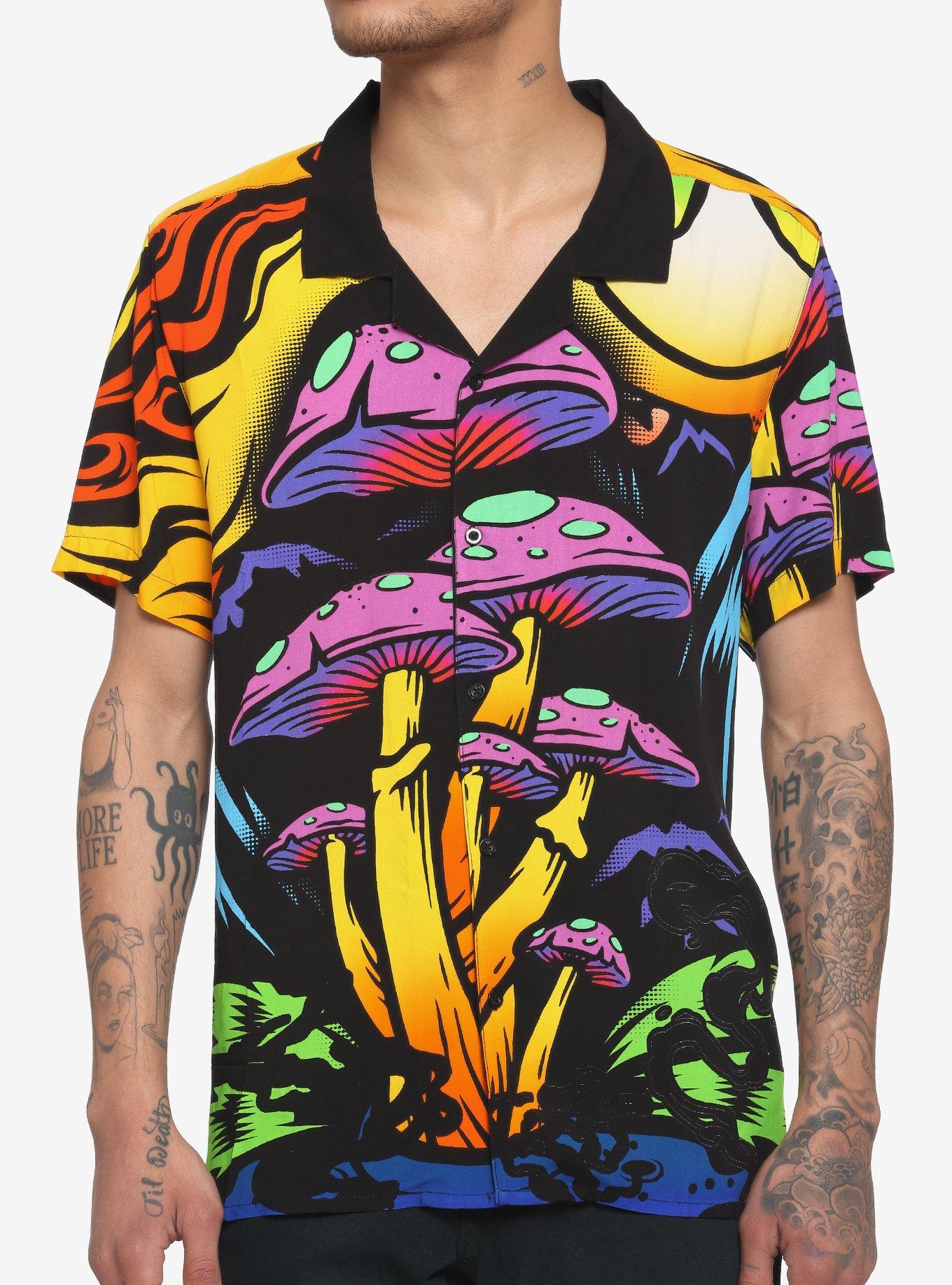 Trippy Mushroom Woven Button-Up, BLACK, hi-res