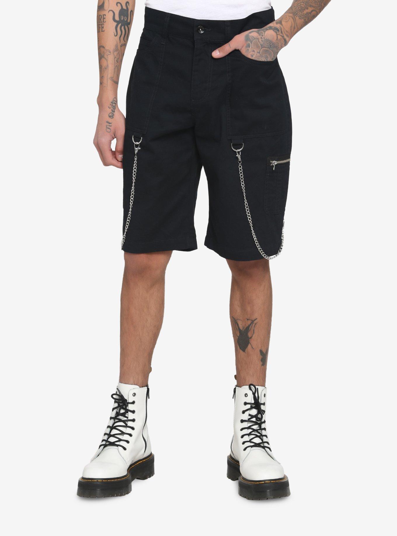 Black Double Chain Moto Shorts, BLACK, hi-res