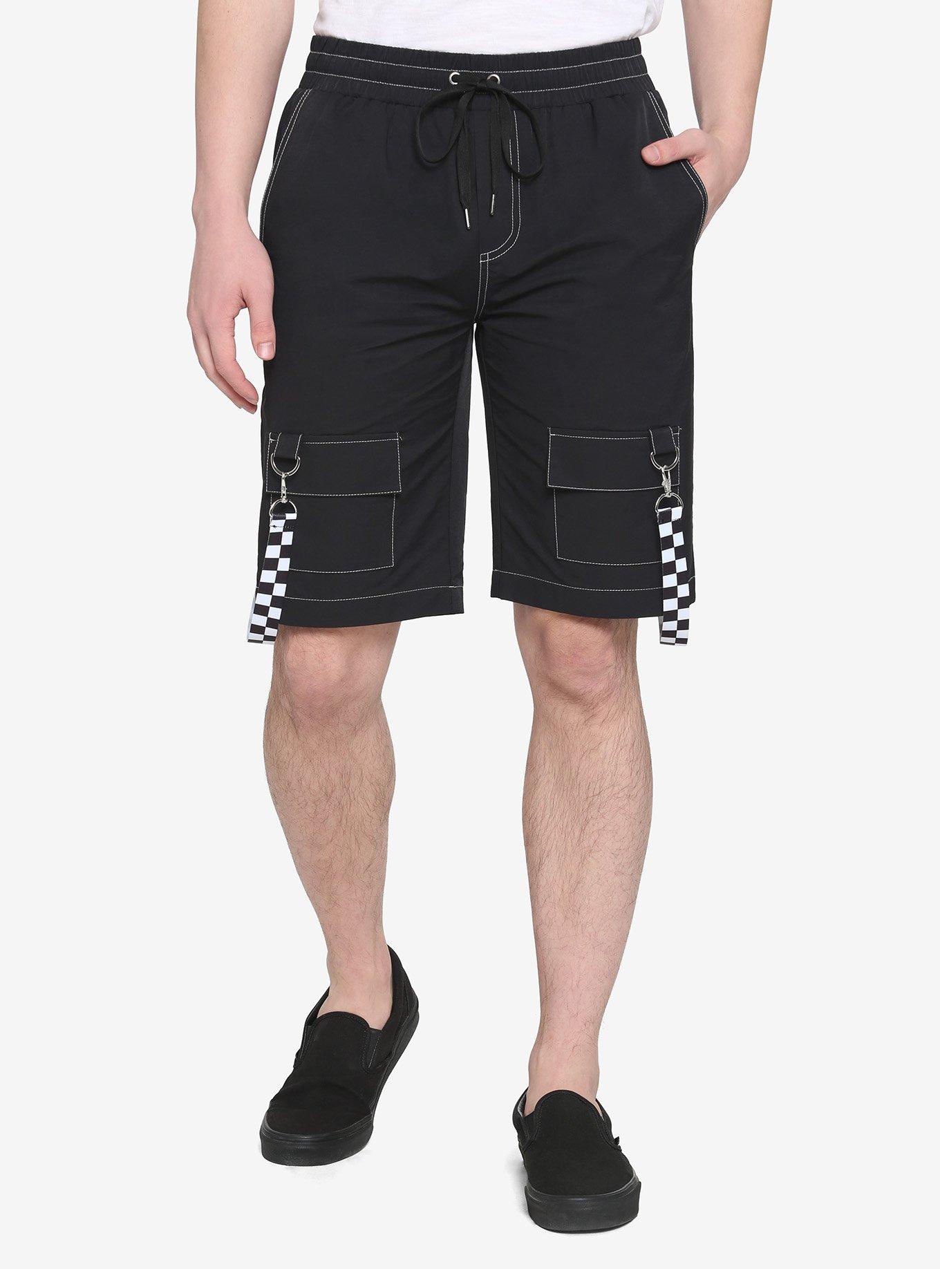 BLACK AND WHITE CHECKERED SUSPENDER CARGO SHORTS