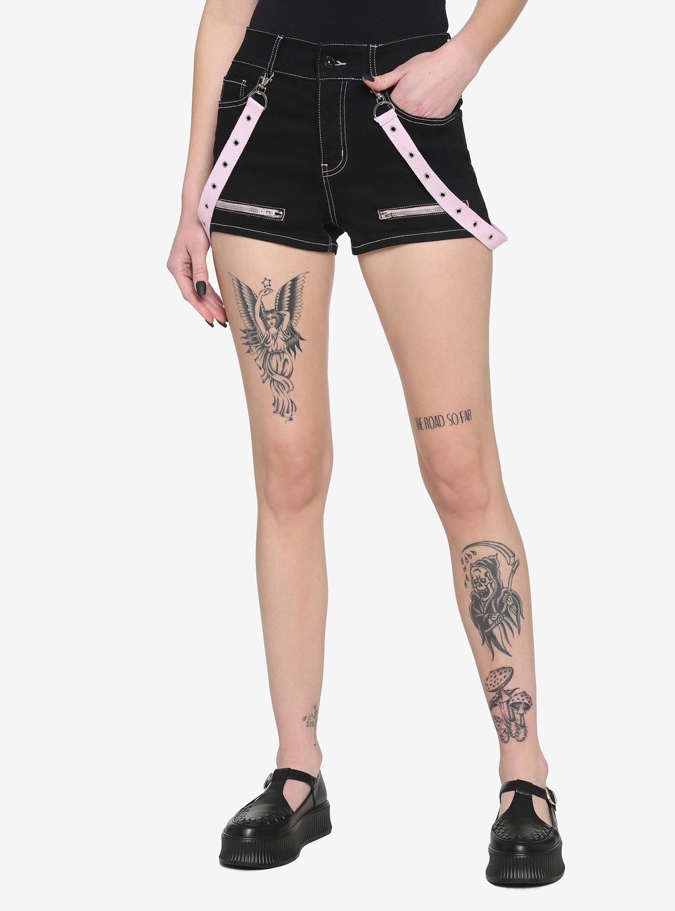 Black & Pink Suspender Shorts, BLACK, hi-res
