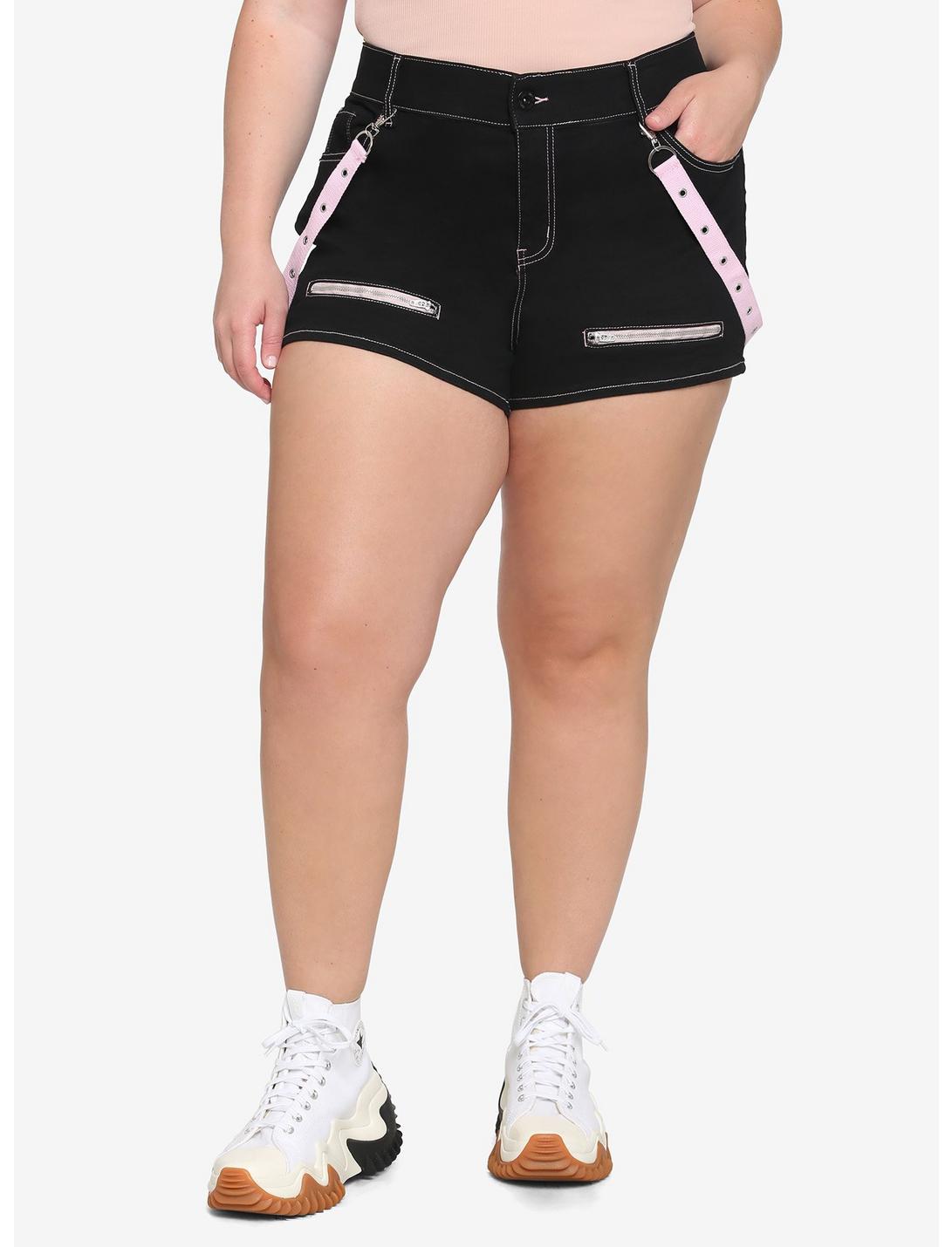 Black & Pink Suspender Shorts Plus Size, BLACK, hi-res