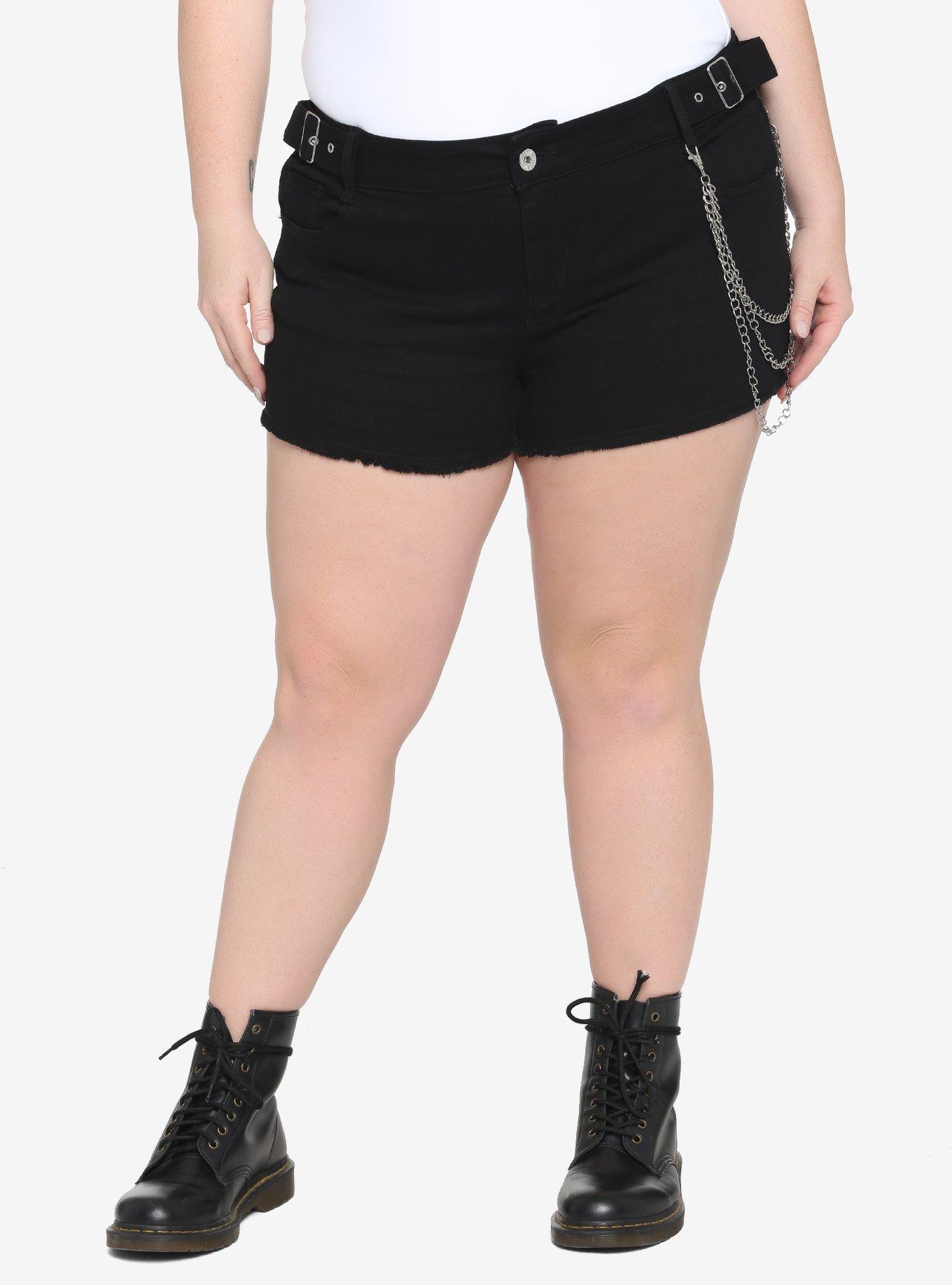 Black Side Belts & Chain Denim Ultra Hi-Rise Shorts Plus Size, BLACK, hi-res