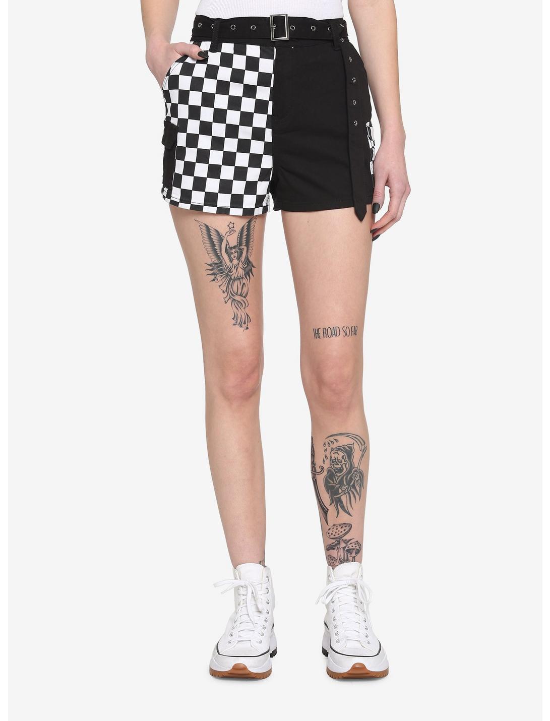 Black & White Checkered Split Cargo Shorts, BLACK, hi-res