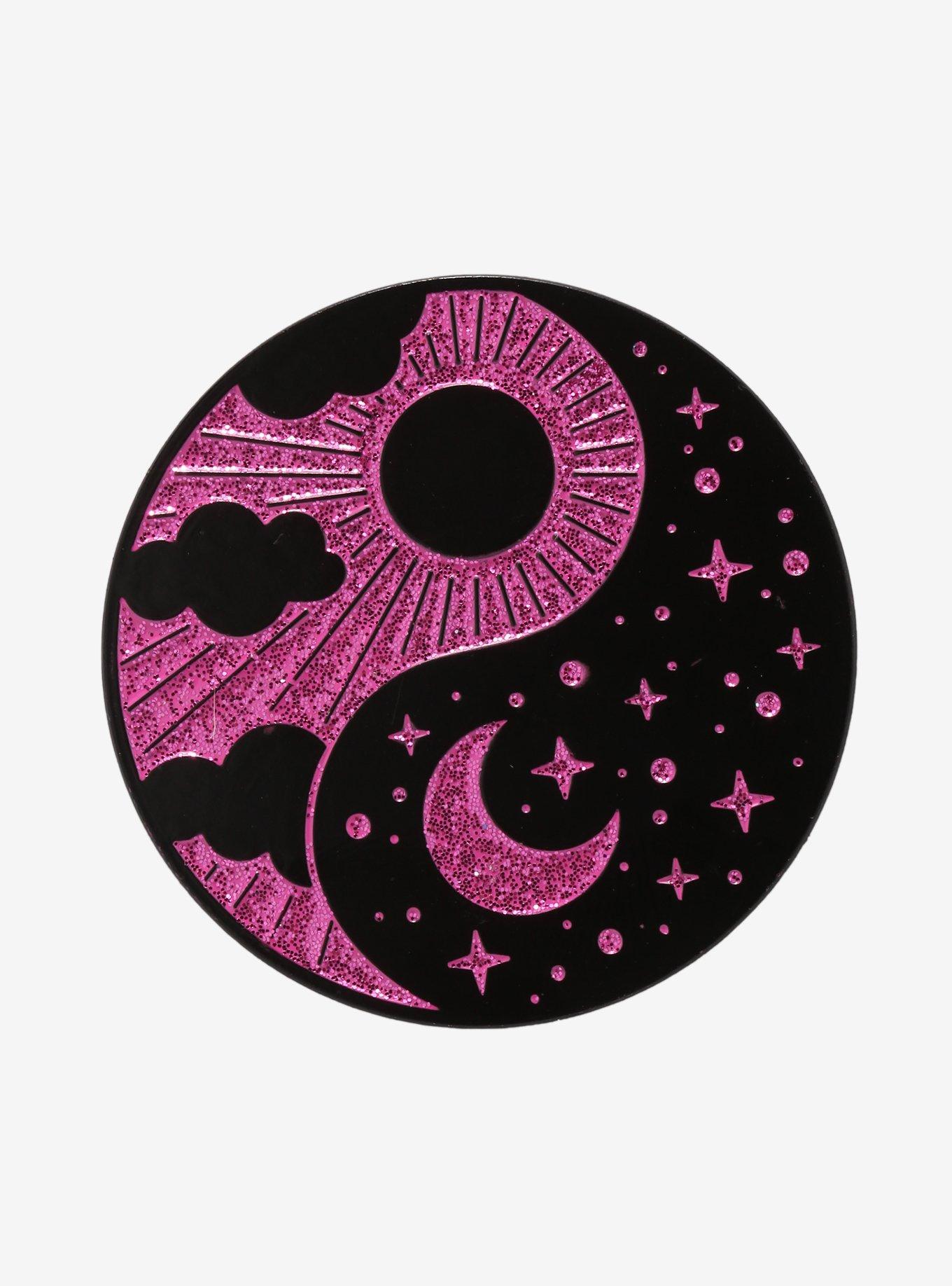 Black & Pink Glitter Yin-Yang Enamel Pin, , hi-res