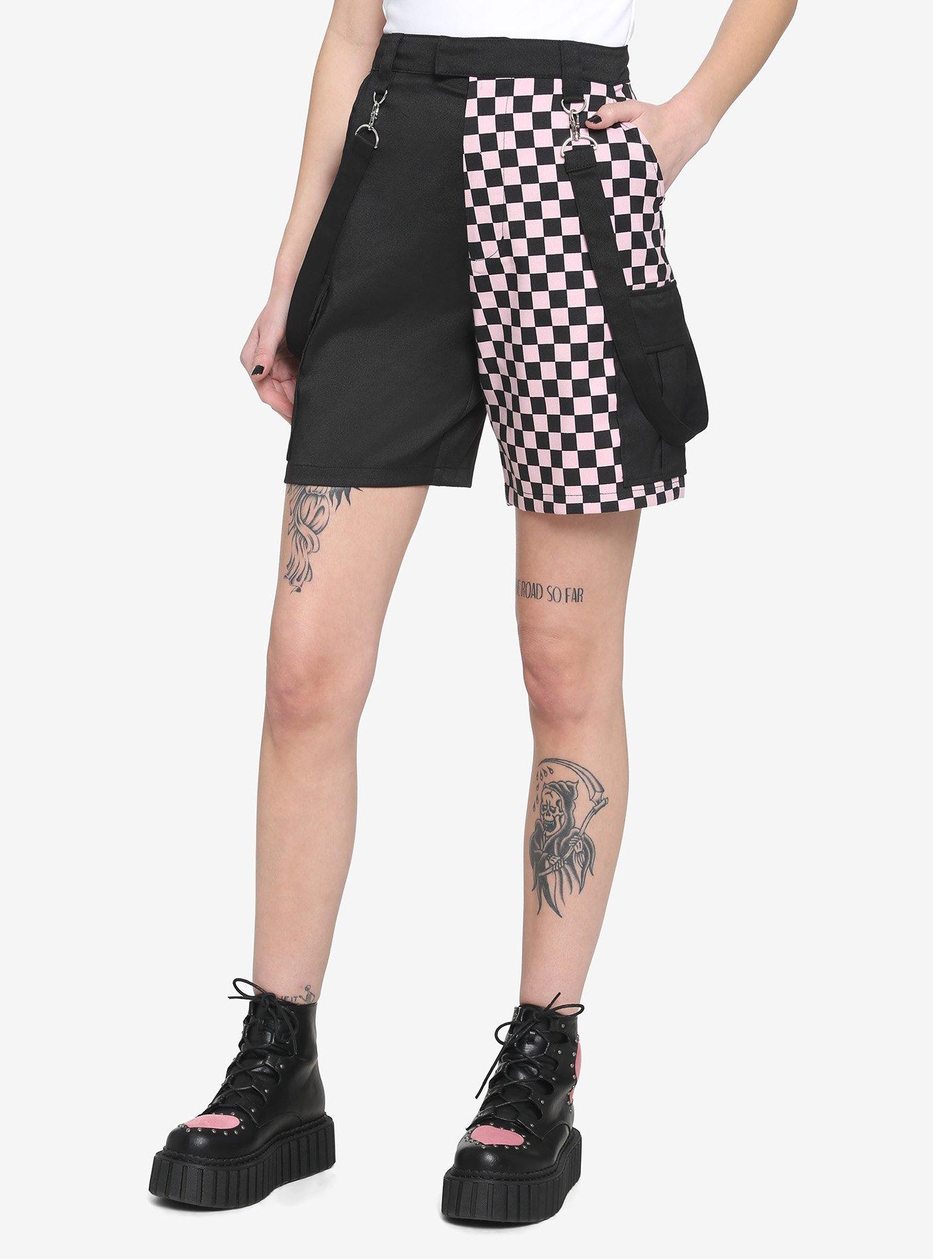 Black & Pink Split Checkered Suspender Shorts, LIGHT PINK, hi-res