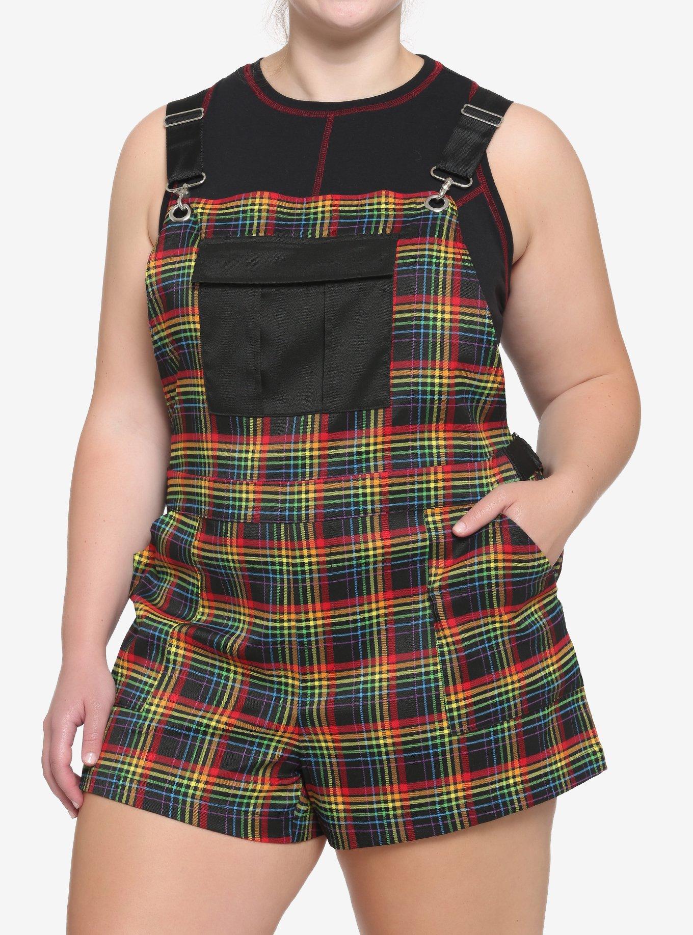 Rainbow Grid Utility Shortalls Plus Size, BLACK, hi-res
