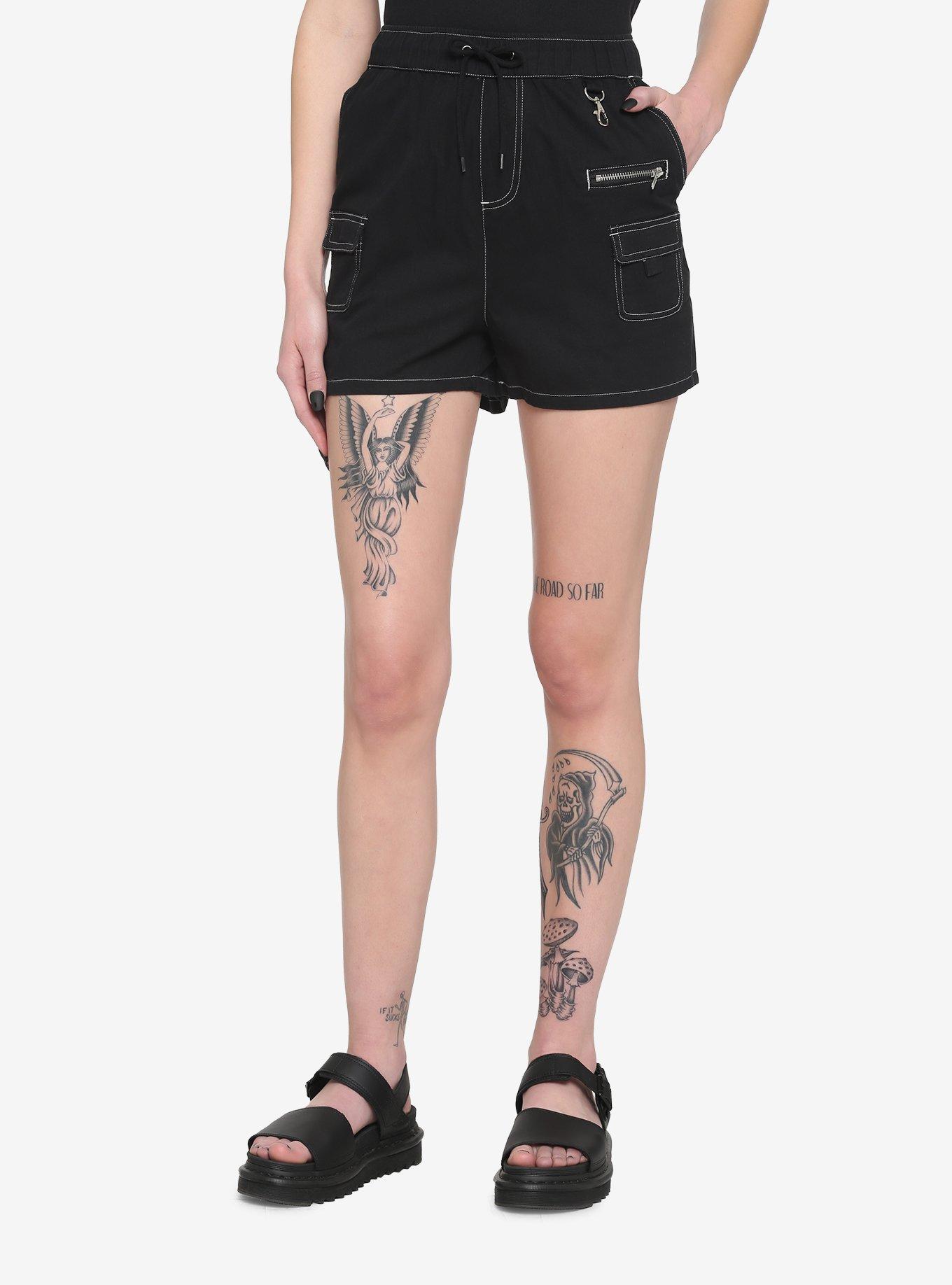 Black & White Contrast Stitch Jogger Shorts, BLACK, hi-res