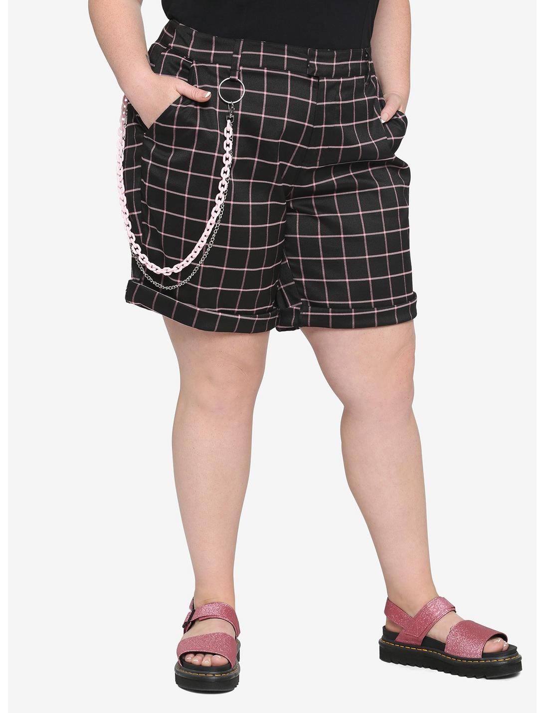 Pink & Black Grid Shorts Plus Size, BLACK, hi-res