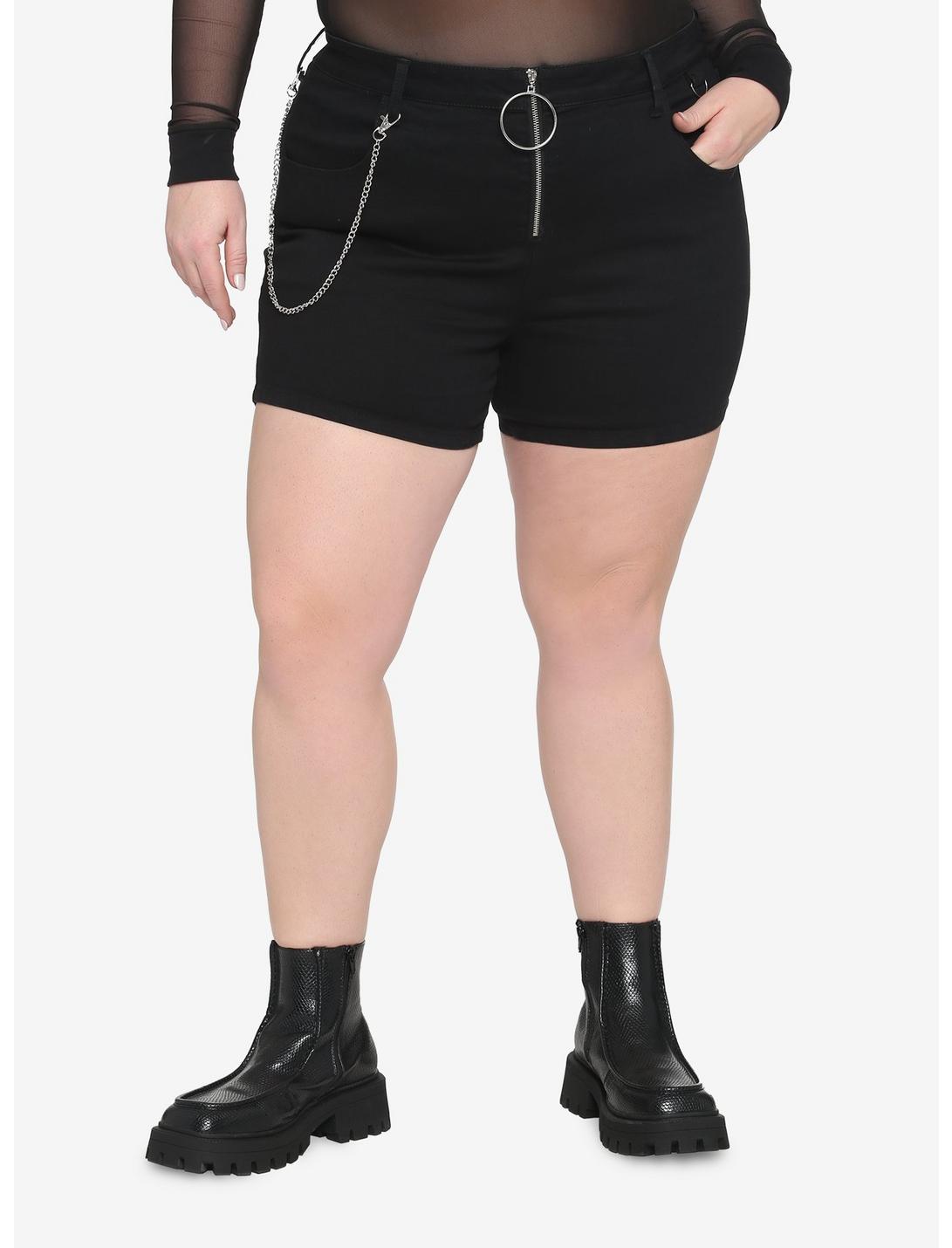 Black Front Zipper High-Waisted Shorts Plus Size, BLACK, hi-res