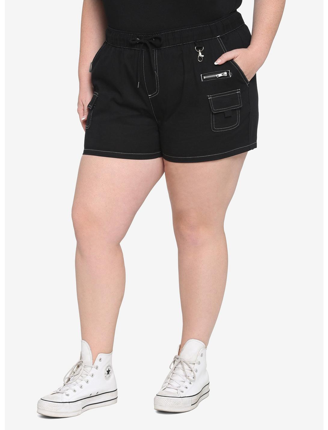 Black & White Contrast Stitch Jogger Shorts Plus Size, BLACK, hi-res