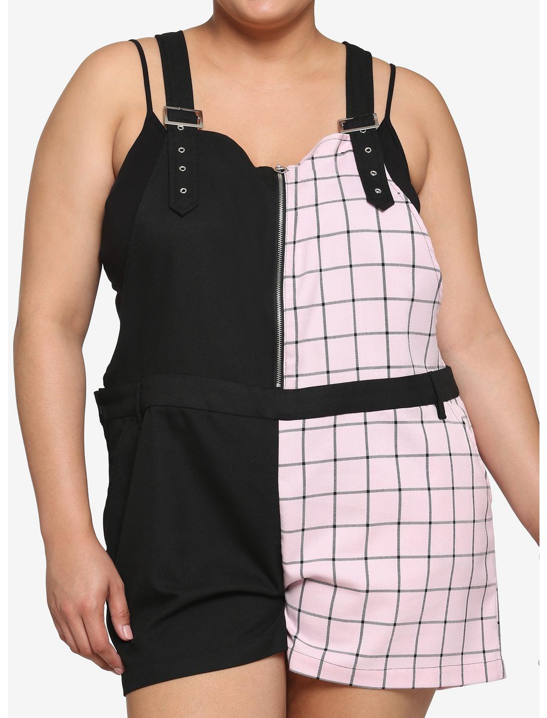 Black & Pink Grid Split Shortalls Plus Size, BLACK, hi-res