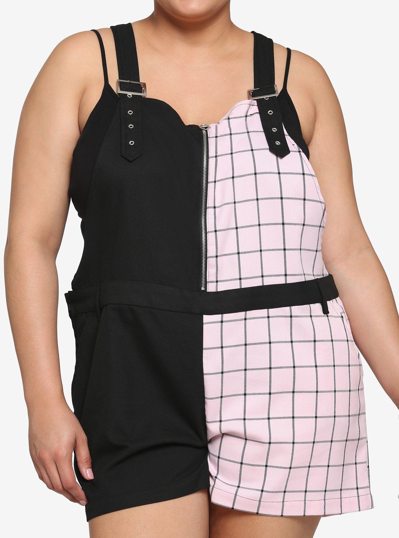 Black & Pink Grid Split Shortalls Plus Size, BLACK, hi-res