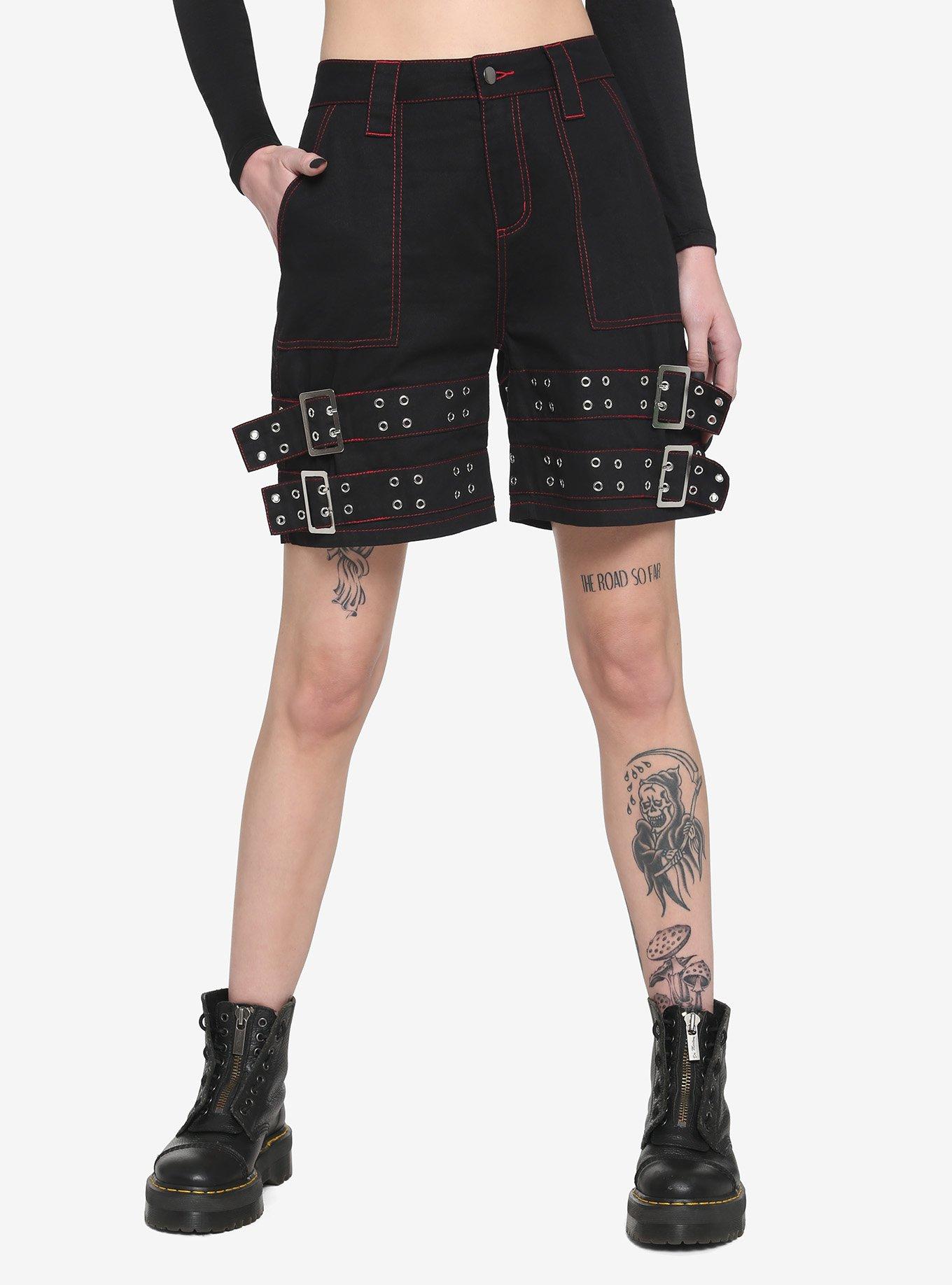 Black Double Belt Carpenter Shorts, BLACK, hi-res