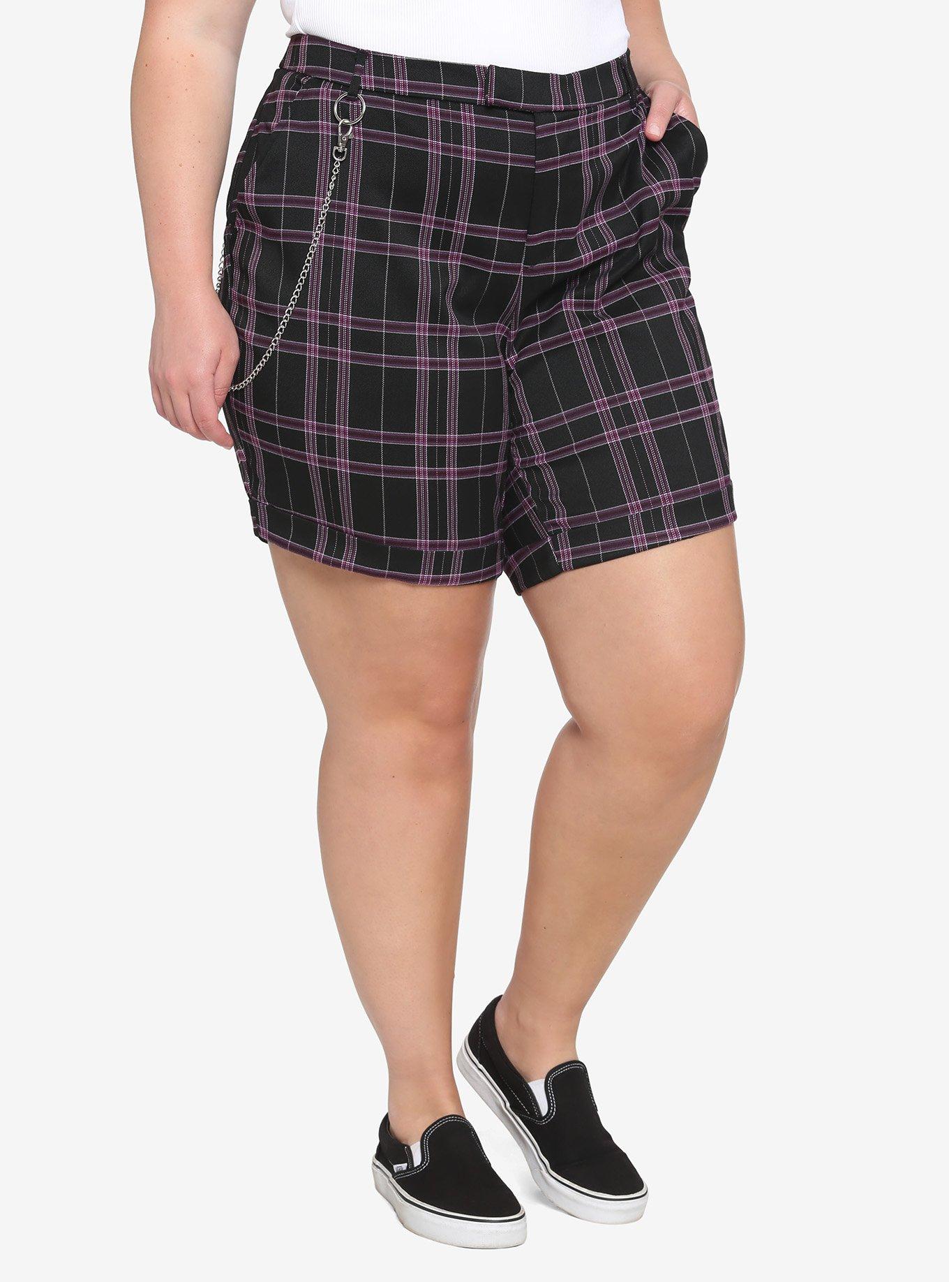 Purple & Black Shorts Plus Size, PLAID - PURPLE, hi-res