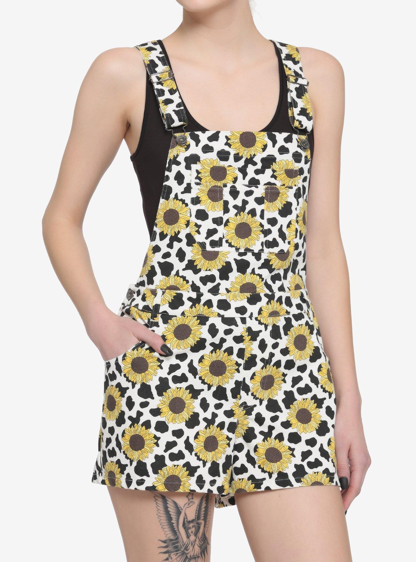 Sunflower Cow Print Shortalls, BLACK, hi-res