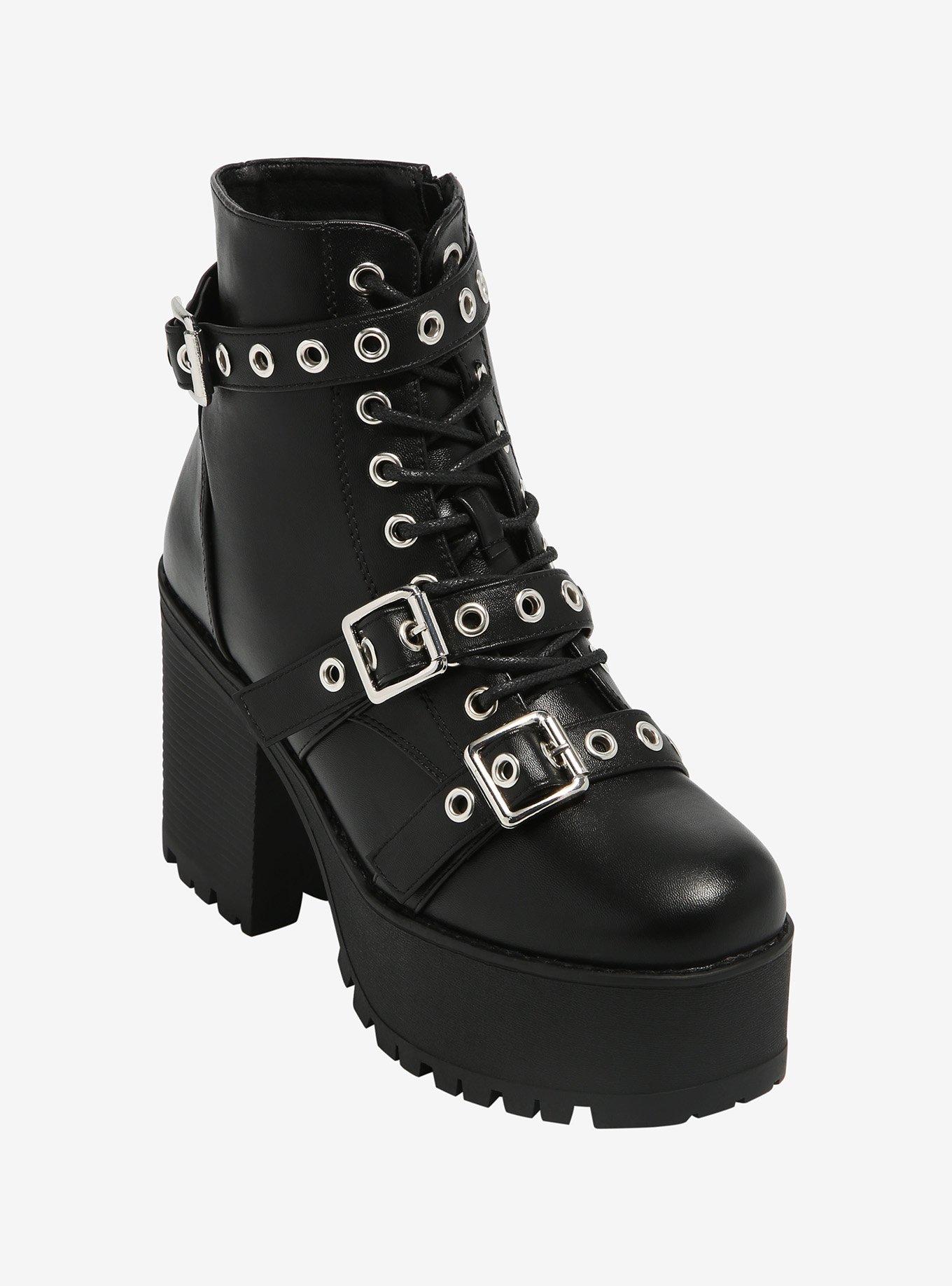 Black Multi Buckle Lace-Up Platform Boots, MULTI, hi-res