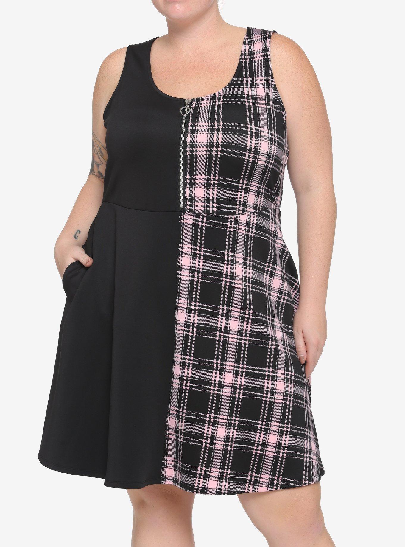 Black & Pink Plaid Split Skater Dress Plus Size, , hi-res