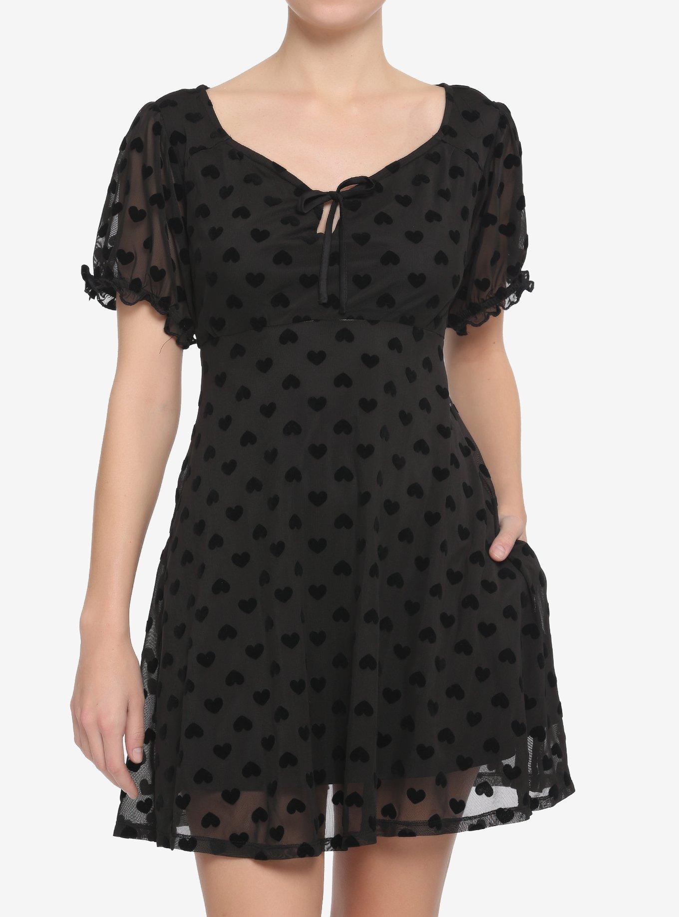 Black Flocked Heart Babydoll Dress, BLACK, hi-res