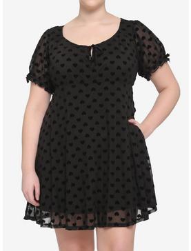 Plus Size Black Flocked Heart Babydoll Dress Plus Size, , hi-res