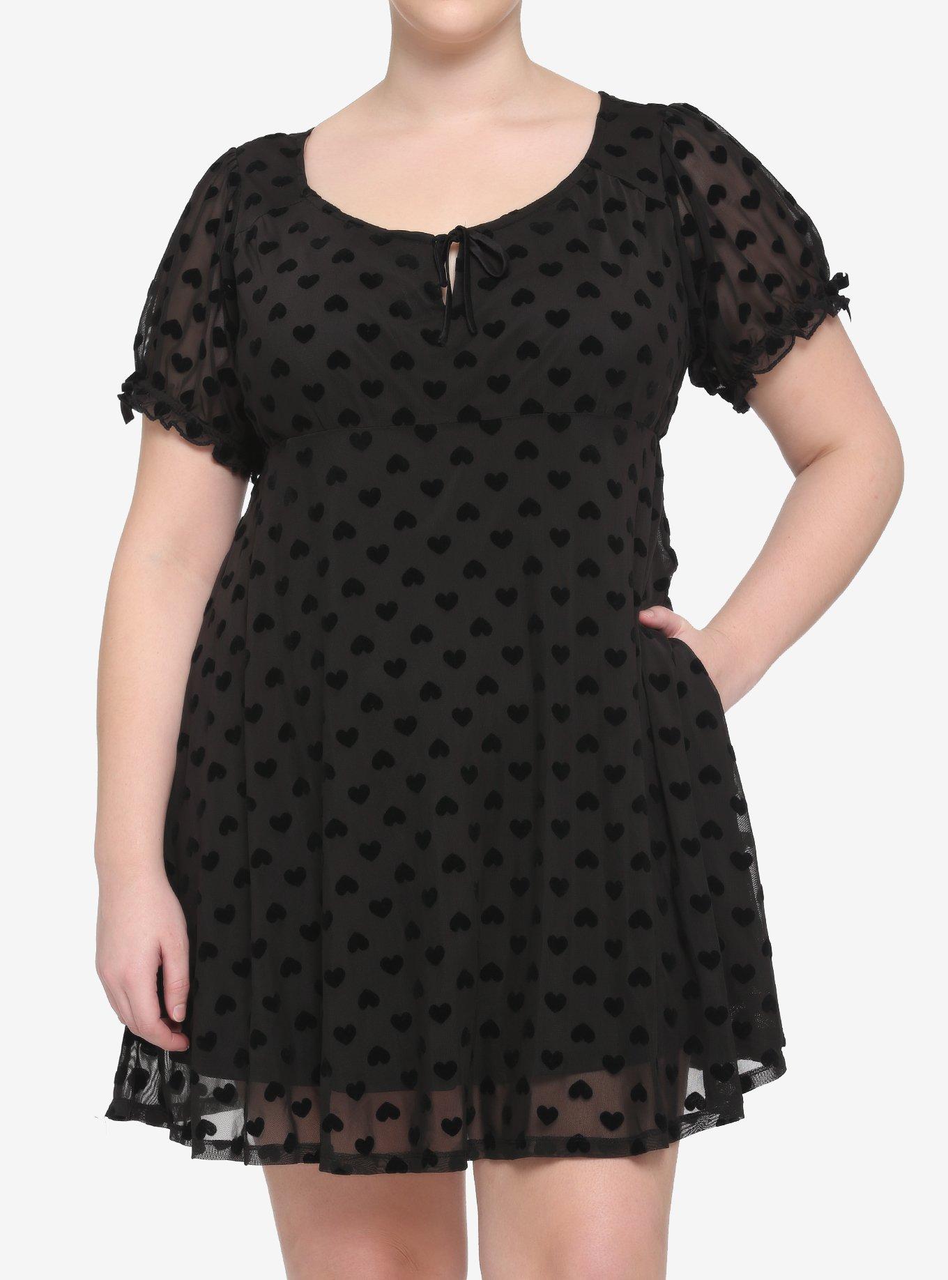 Black Flocked Heart Babydoll Dress Plus Size, BLACK, hi-res