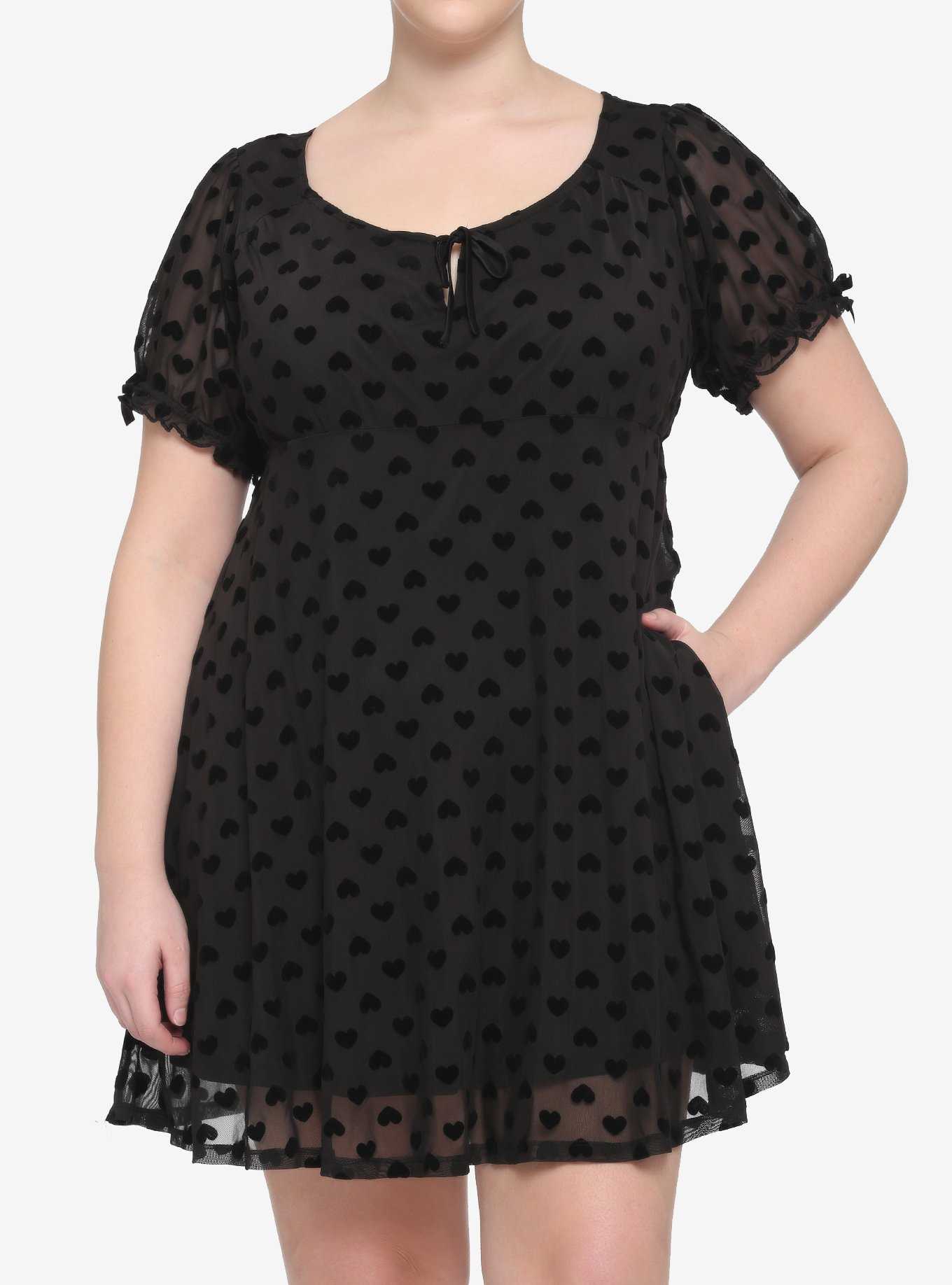 Black Flocked Heart Babydoll Dress Plus Size, , hi-res