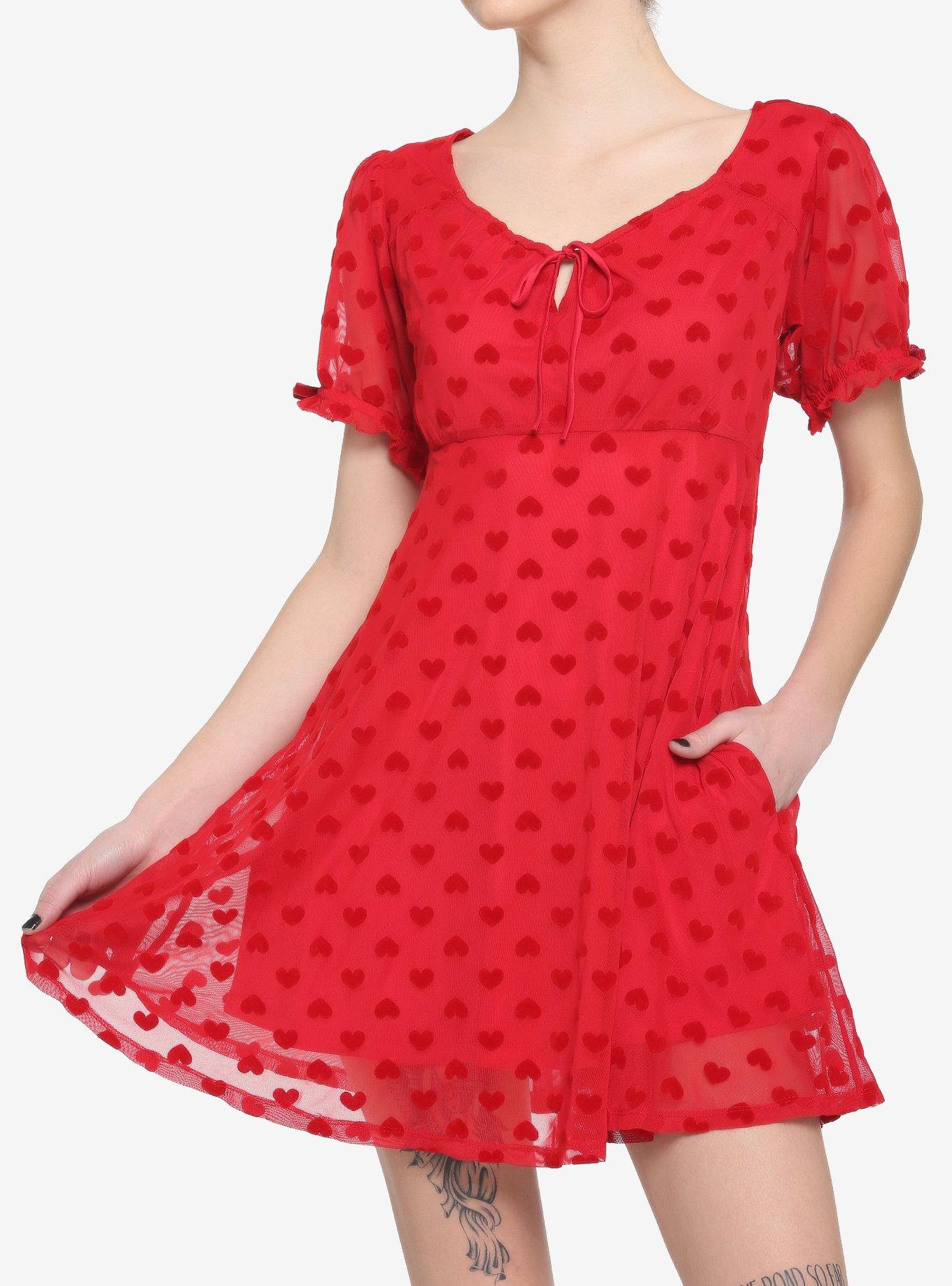 Red Heart Flocked Babydoll Dress | Hot Topic