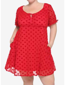 Red Heart Flocked Babydoll Dress Plus Size, , hi-res