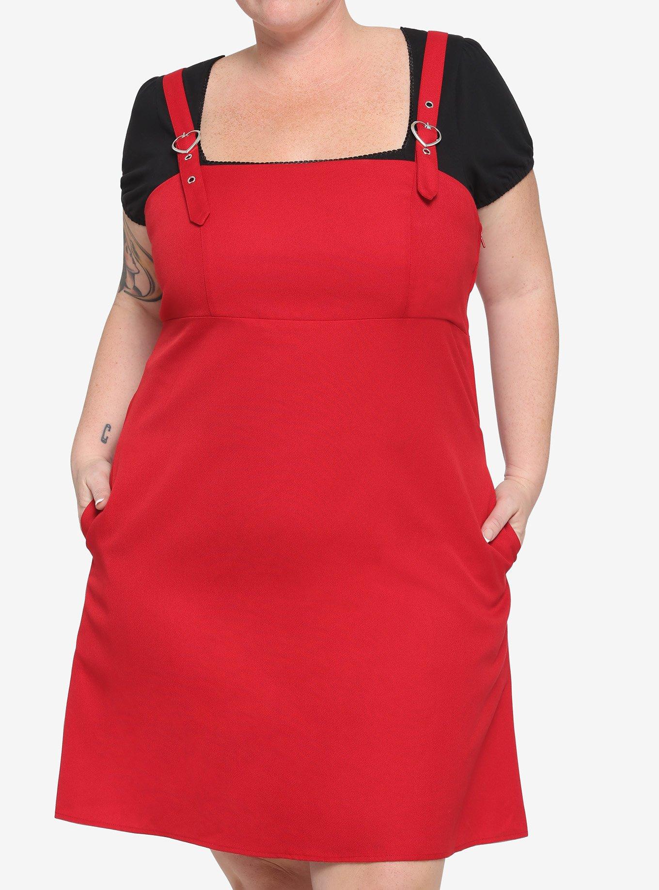 Red Heart Buckle Pinafore Dress Plus Size, RED, hi-res