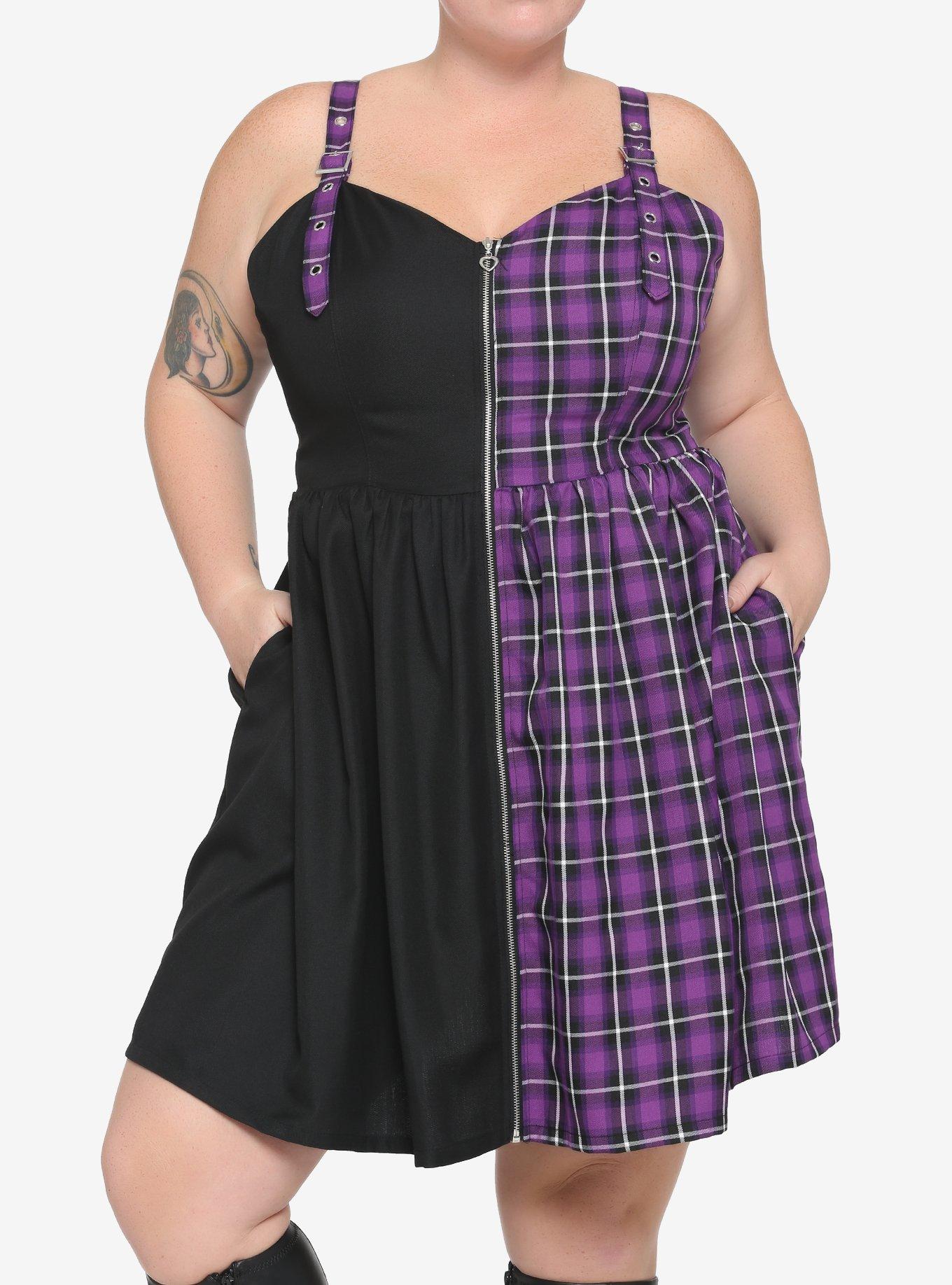 Black & Purple Plaid Split Dress Plus Size, , hi-res