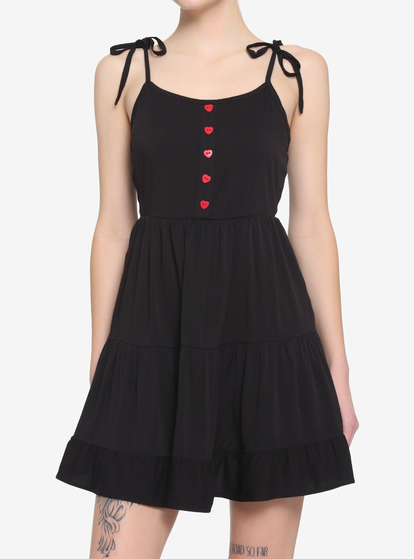 Black Heart Button Tie-Strap Tiered Dress, BLACK, hi-res