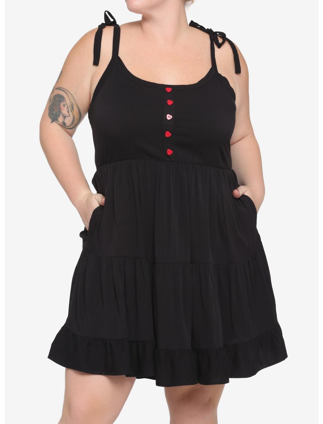 Black Heart Button Tie-Strap Tiered Dress Plus Size, BLACK, hi-res
