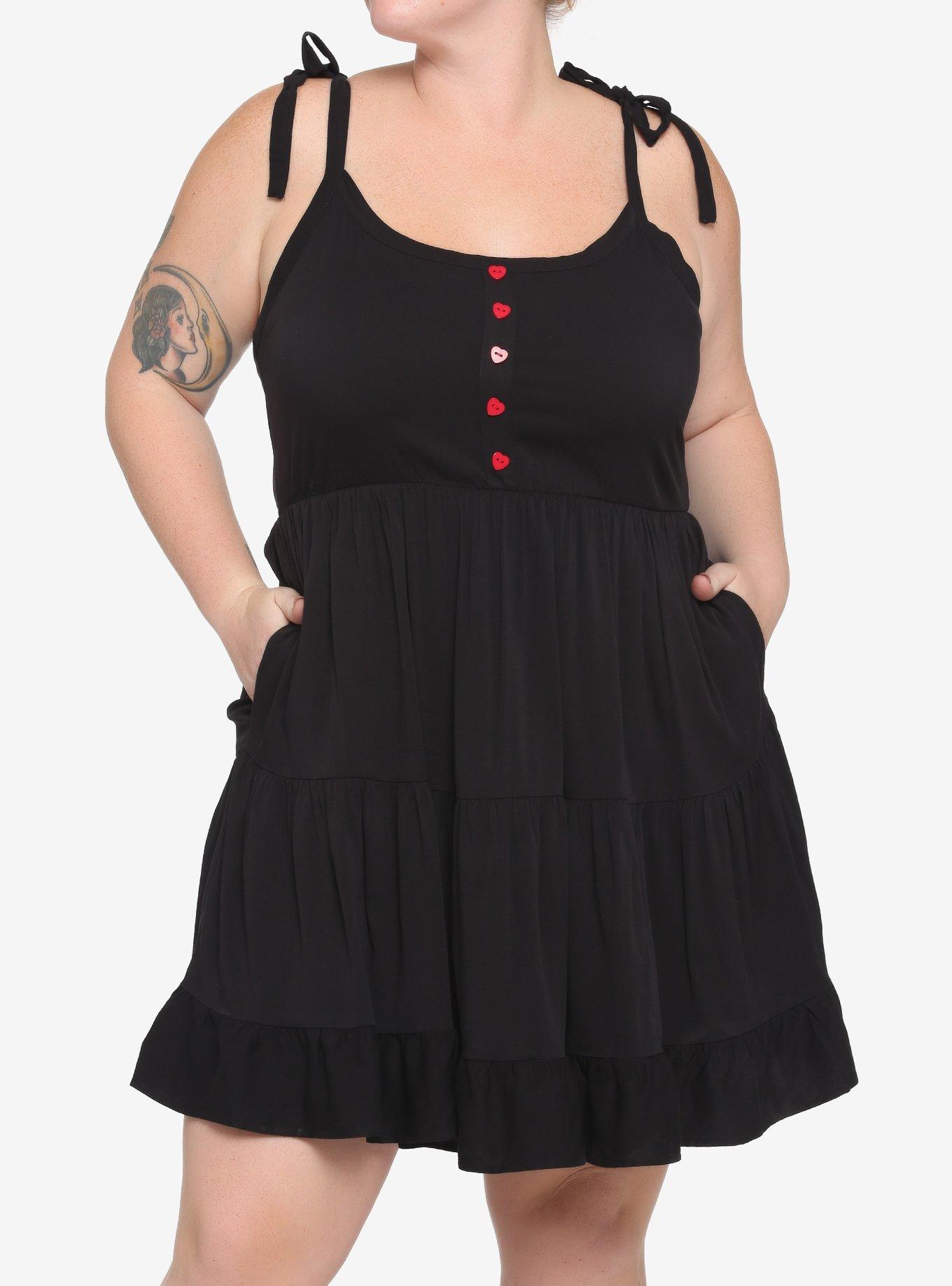 Black Heart Button Tie-Strap Tiered Dress Plus Size, BLACK, hi-res