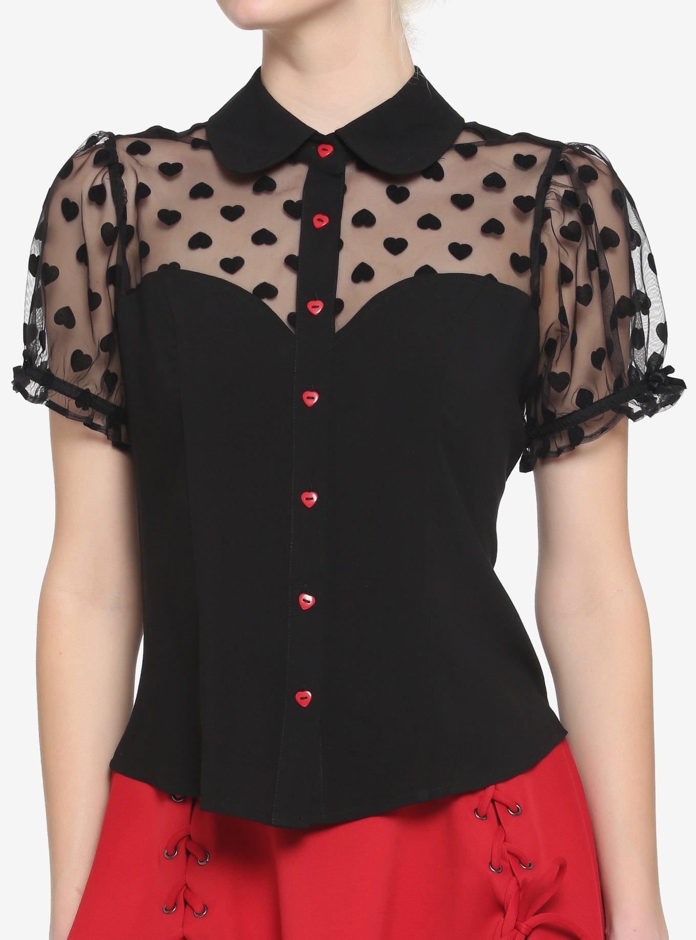 Black Flocked Heart Girls Woven Button-Up, BLACK, hi-res