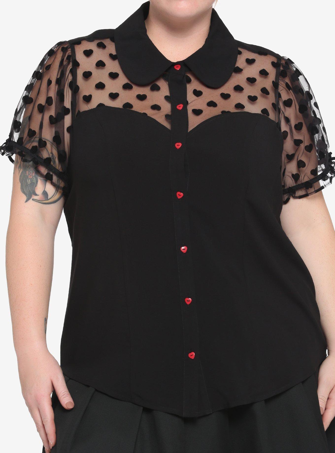 Black Flocked Heart Girls Woven Button-Up Plus Size, , hi-res