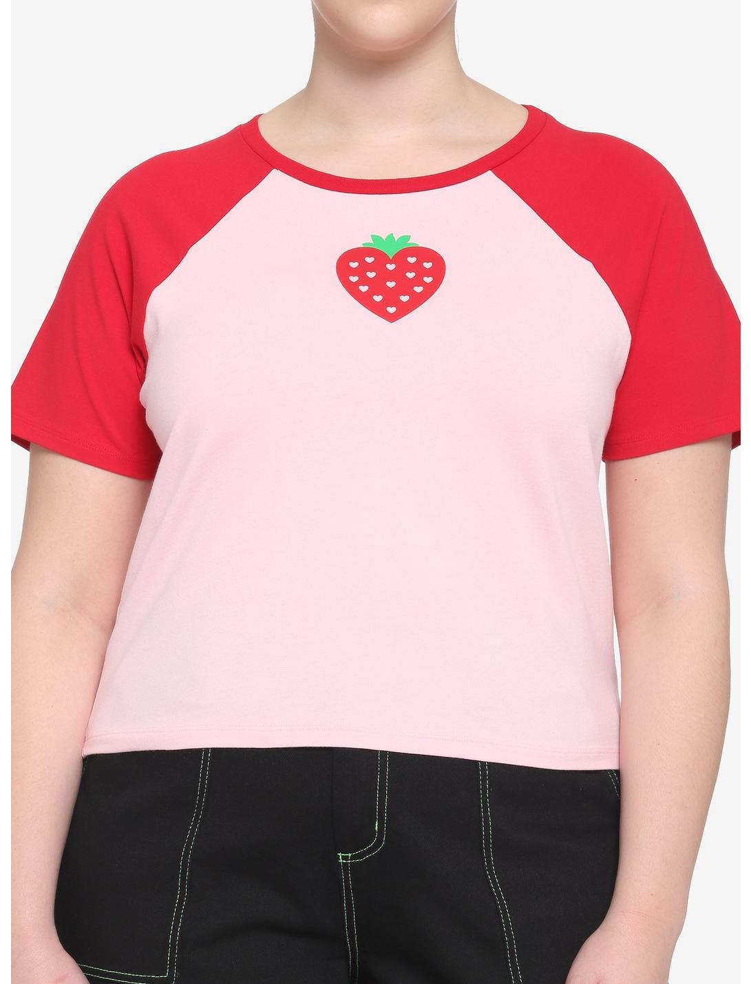 Red & Pink Strawberry Girls Raglan Crop T-Shirt Plus Size, PINK, hi-res