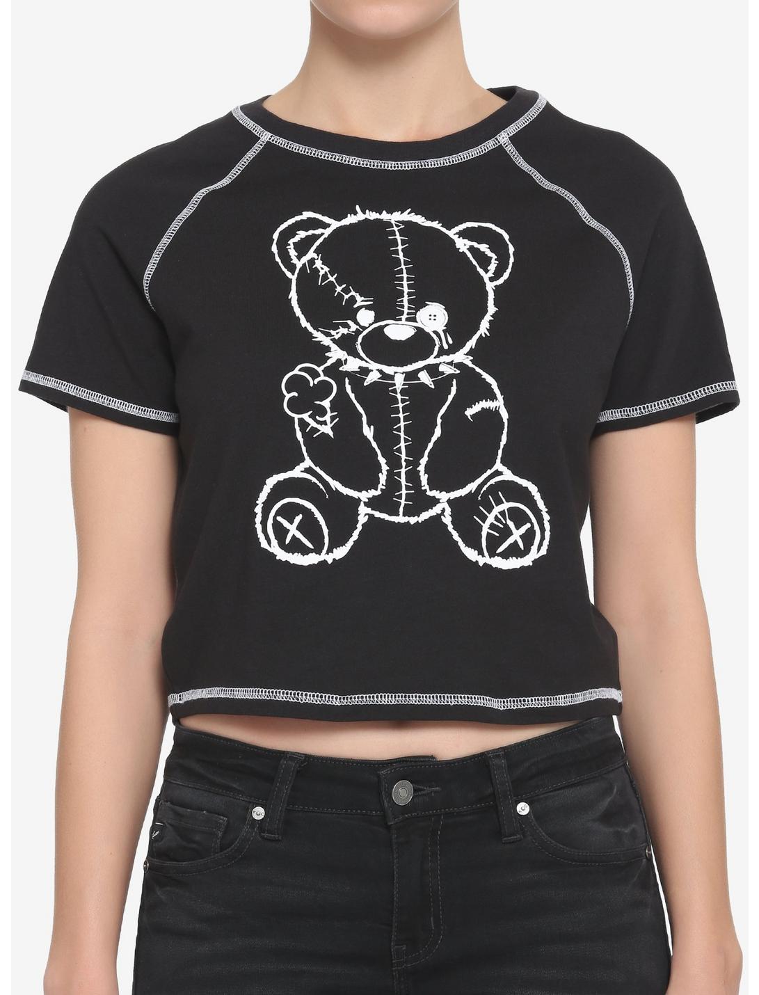 Black & White Damaged Teddy Bear Girls Crop T-Shirt, BLACK, hi-res