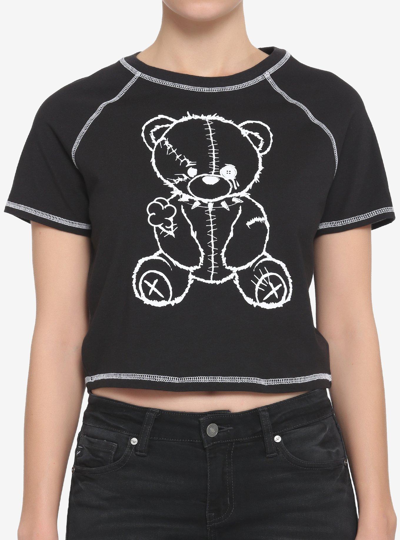 Black & White Damaged Teddy Bear Girls Crop T-Shirt, BLACK, hi-res
