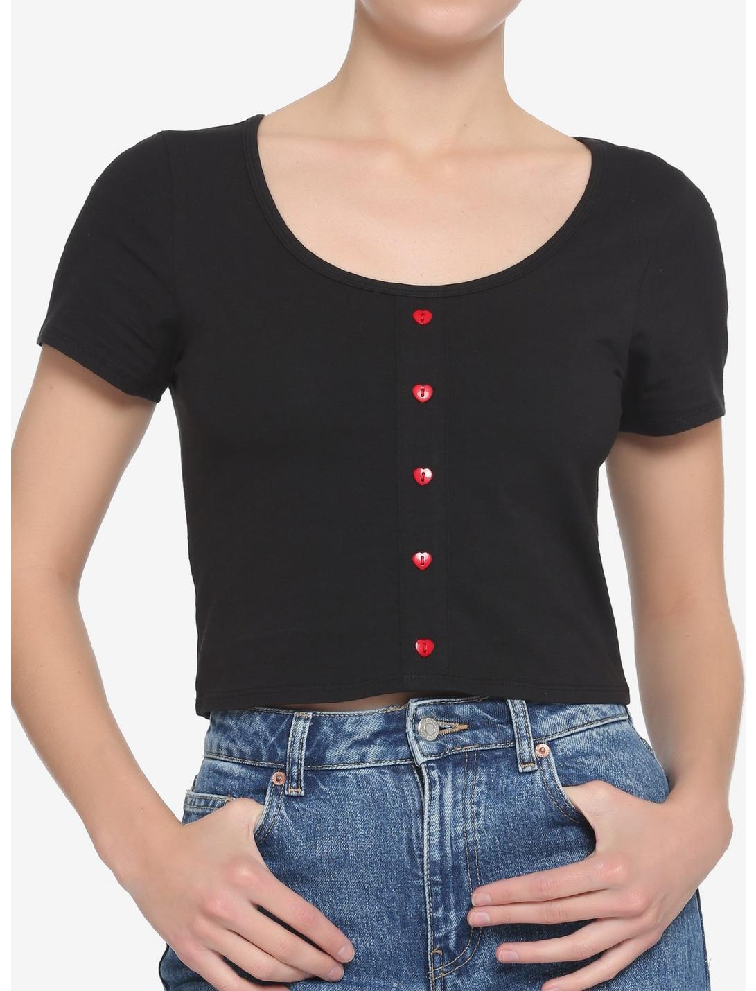Black Heart Buttons Girls Crop T-Shirt, BLACK, hi-res