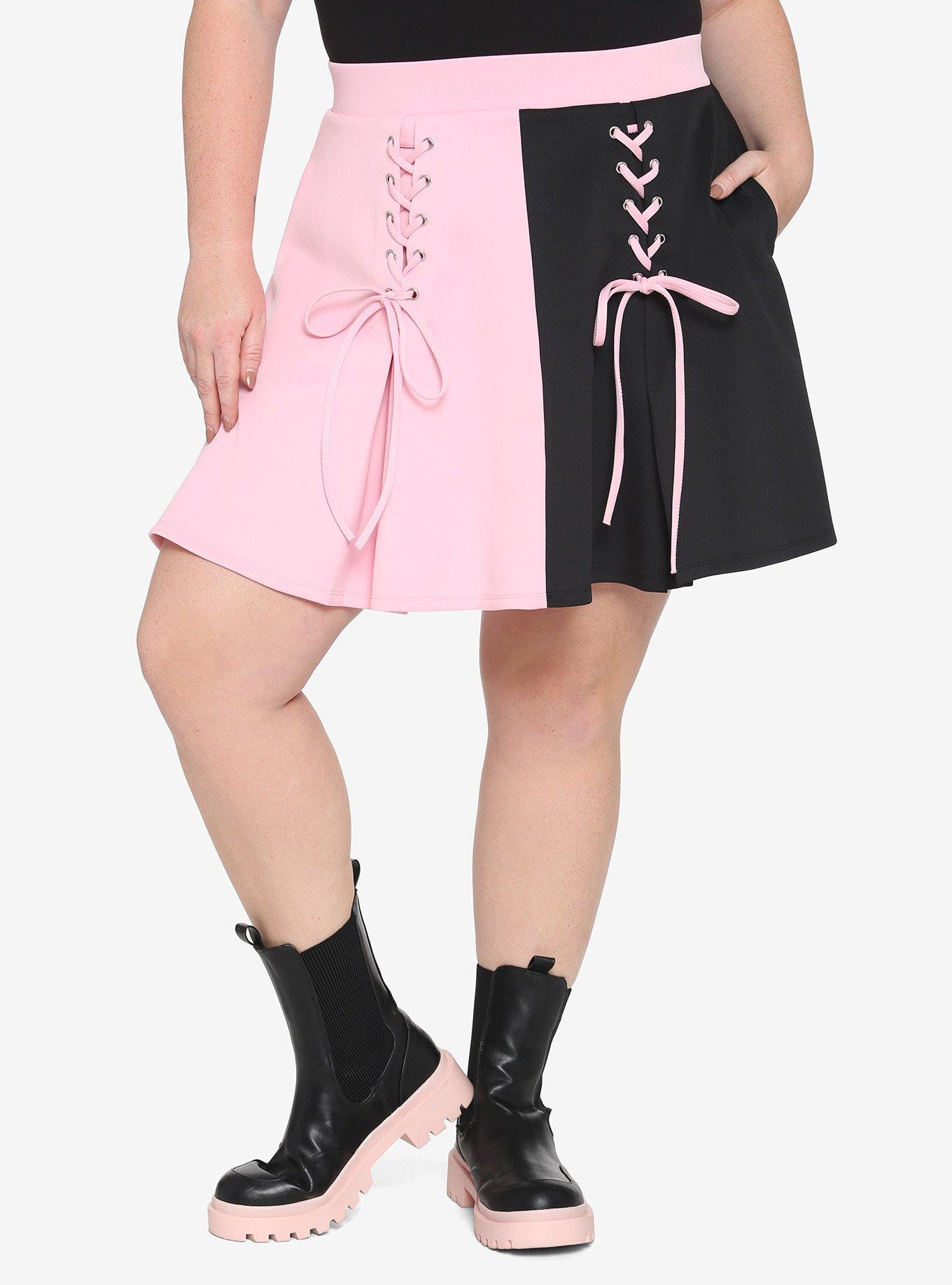 Black & Pink Split Lace-Up Skirt Plus Size, SPLIT SOLID, hi-res