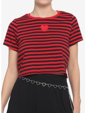 Red & Black Stripe Heart Girls Boxy Crop T-Shirt, , hi-res