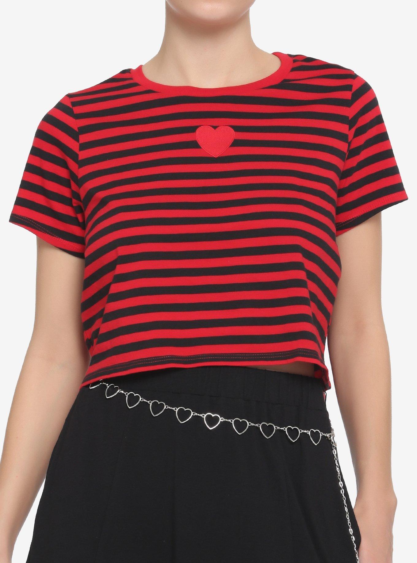 Red & Black Stripe Heart Girls Boxy Crop T-Shirt | Hot Topic