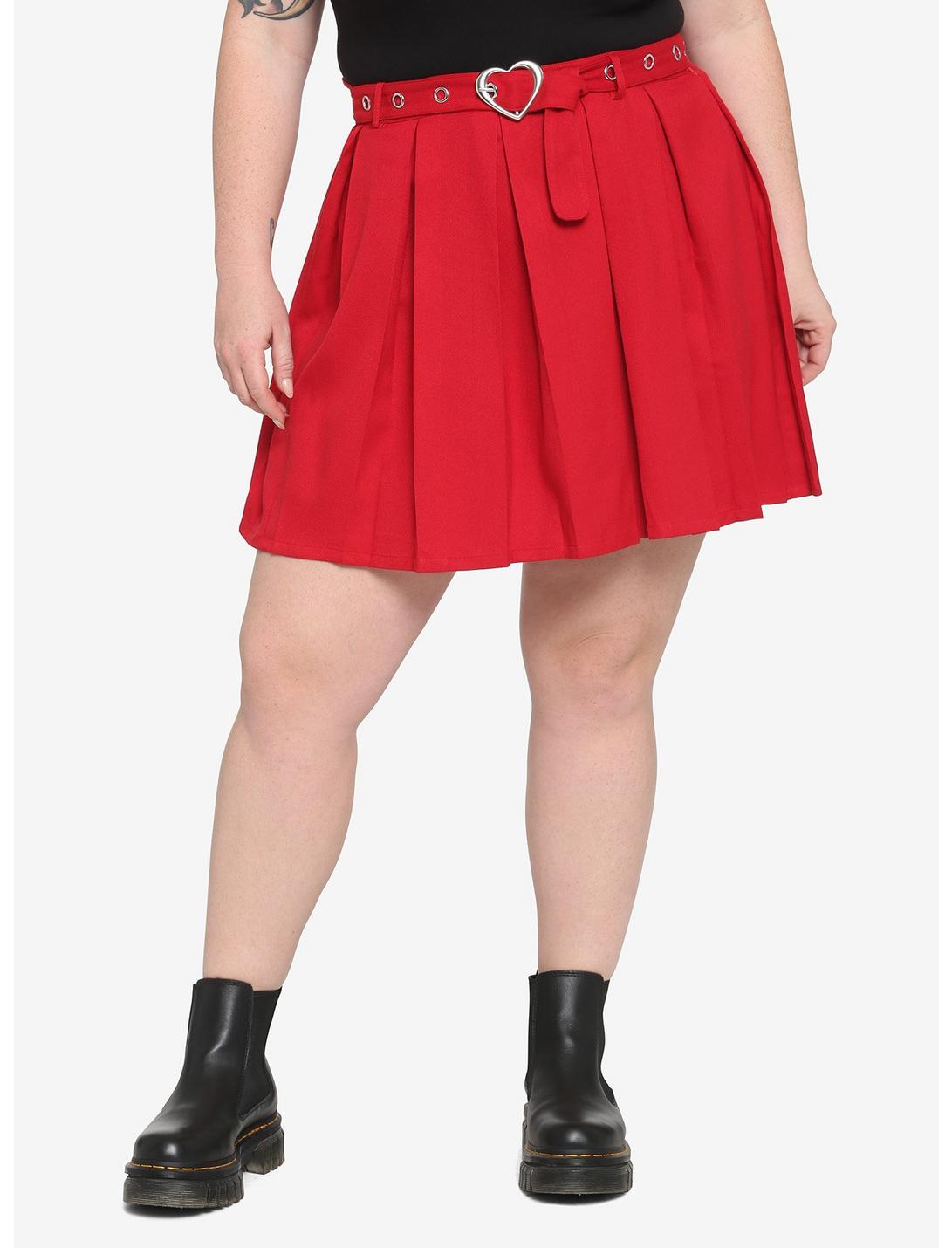 Red Heart Grommet Belt Pleated Skirt Plus Size, RED, hi-res