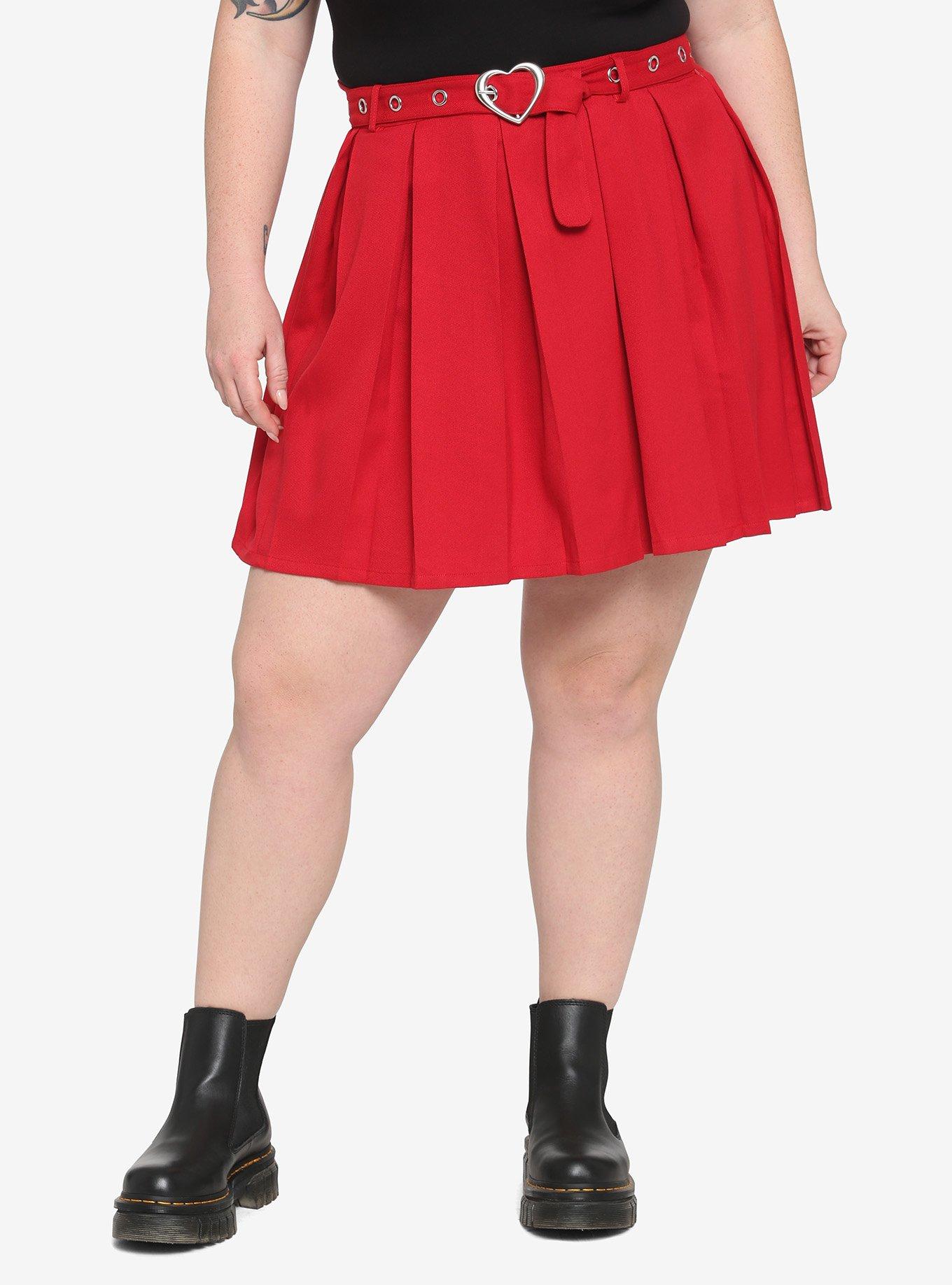 Red Heart Grommet Belt Pleated Skirt Plus Size, RED, hi-res