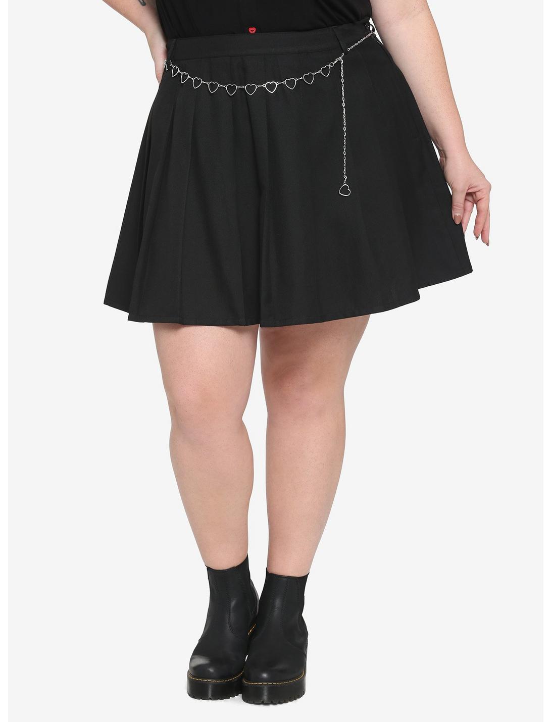 Black Heart Chain Belt Pleated Skirt Plus Size, BLACK, hi-res